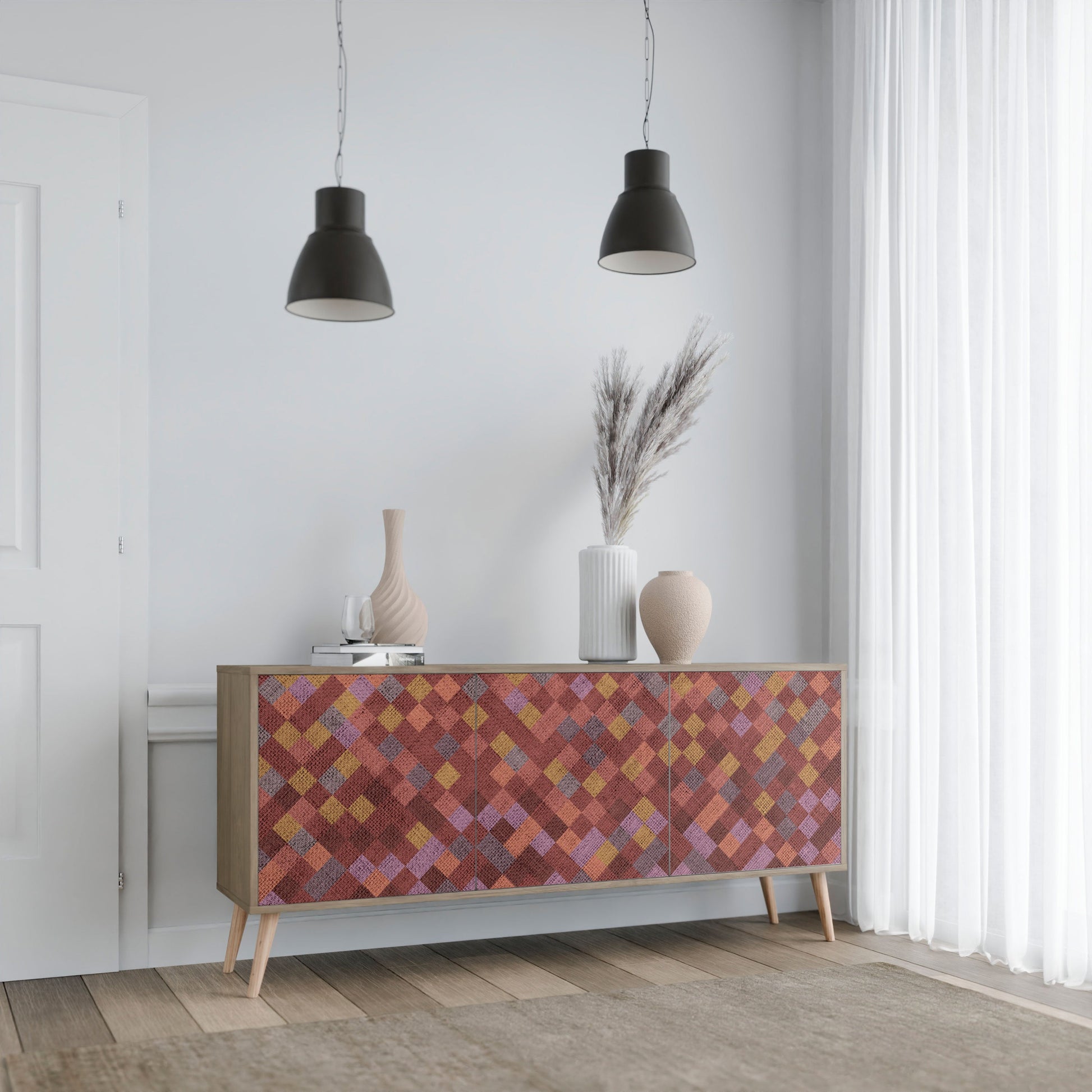 Buffet 3 portes PAINTED SQUARES effet chêne