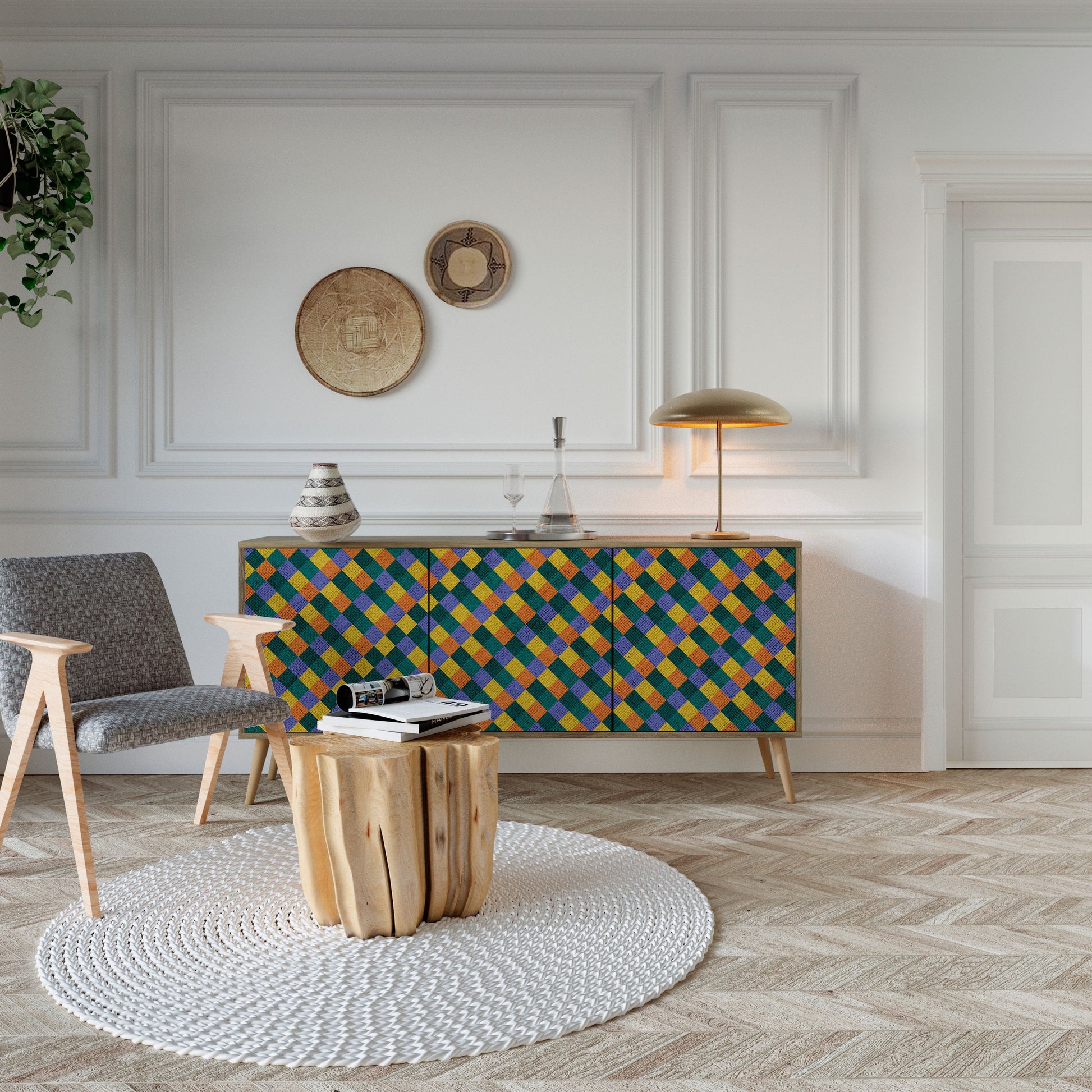 Buffet 3 portes effet chêne PAINTED SQUARES MIX