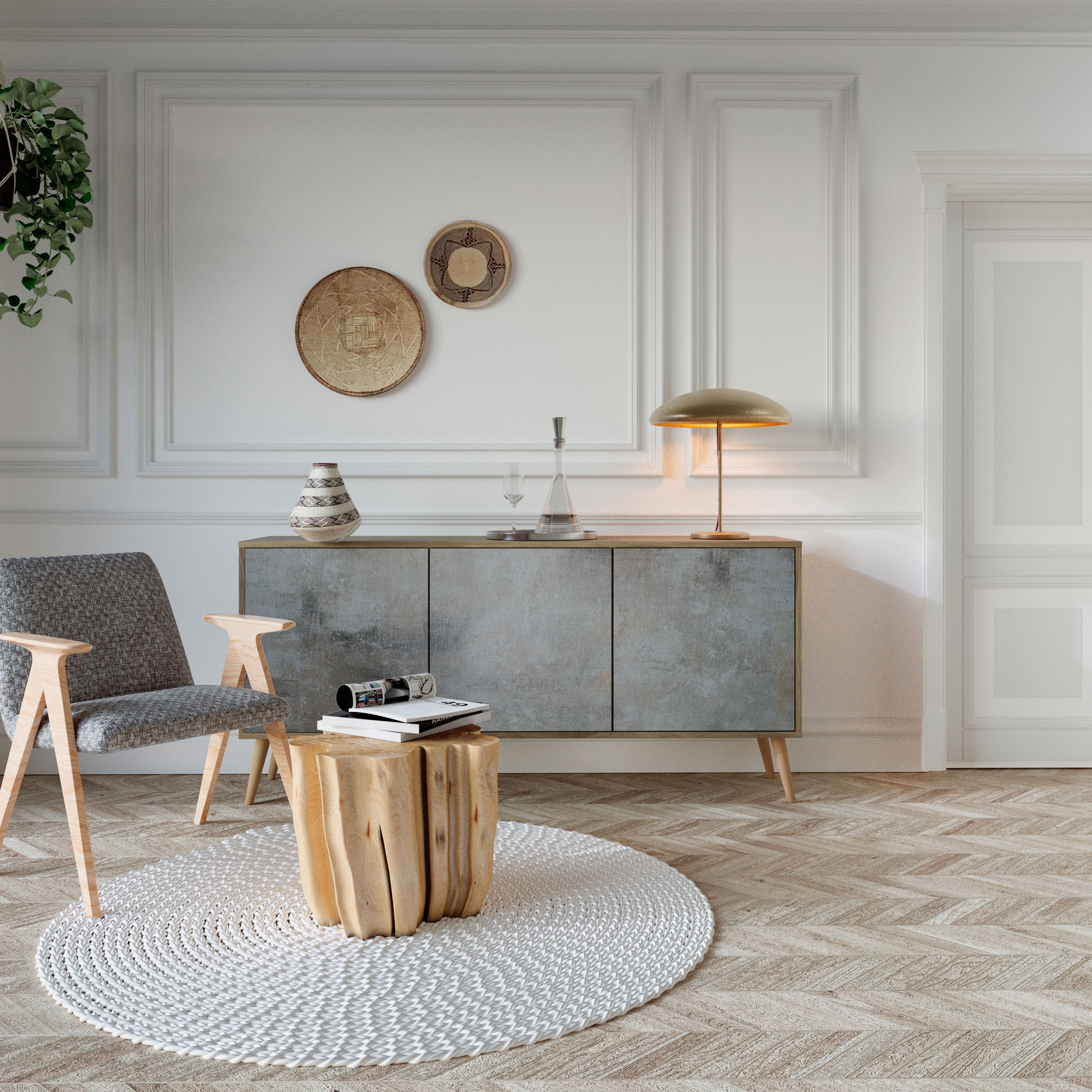 Buffet 3 portes effet chêne avec murs en béton