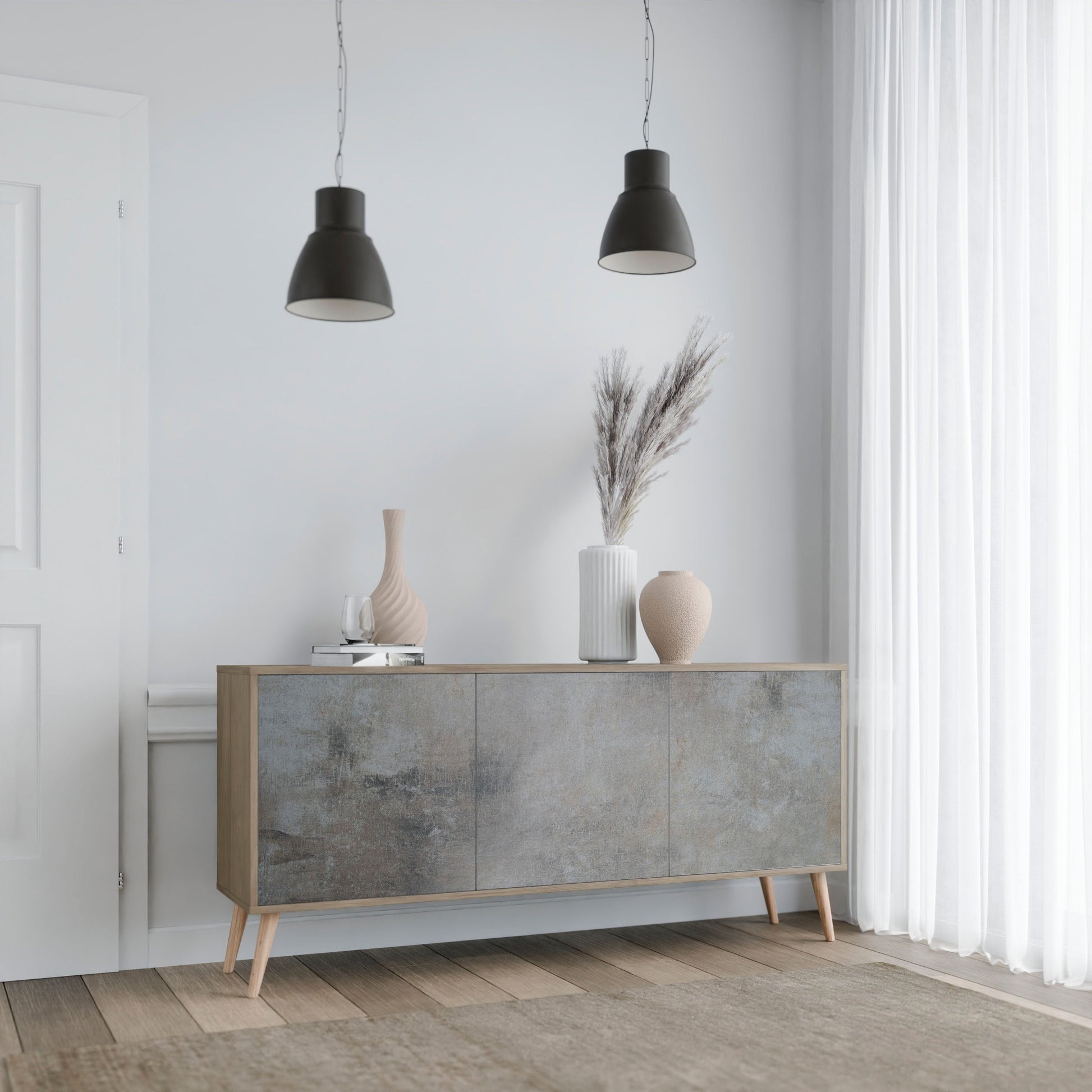 Buffet 3 portes effet chêne avec murs en béton