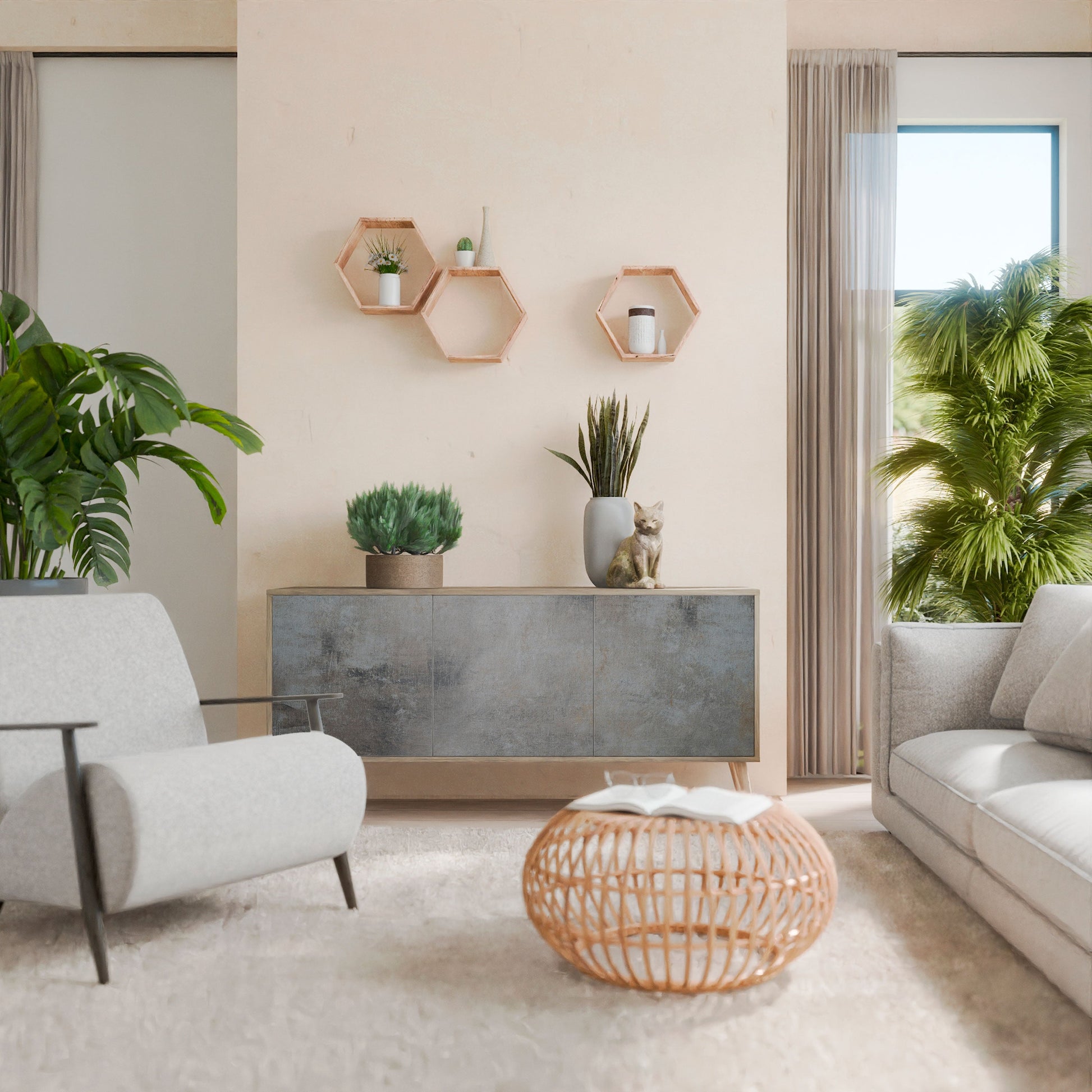 Buffet 3 portes effet chêne avec murs en béton