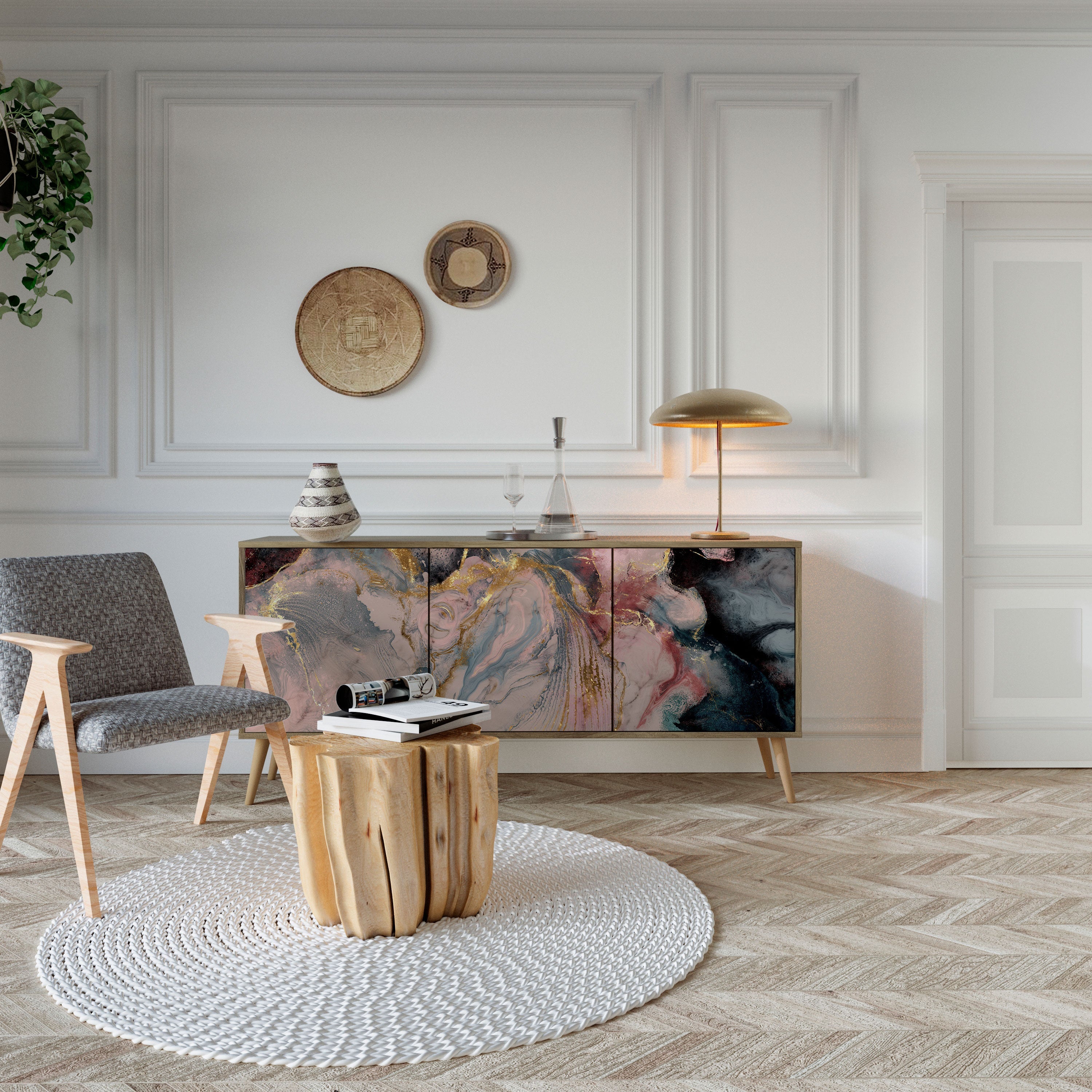 Buffet 3 portes GILDED SWIRLS effet chêne