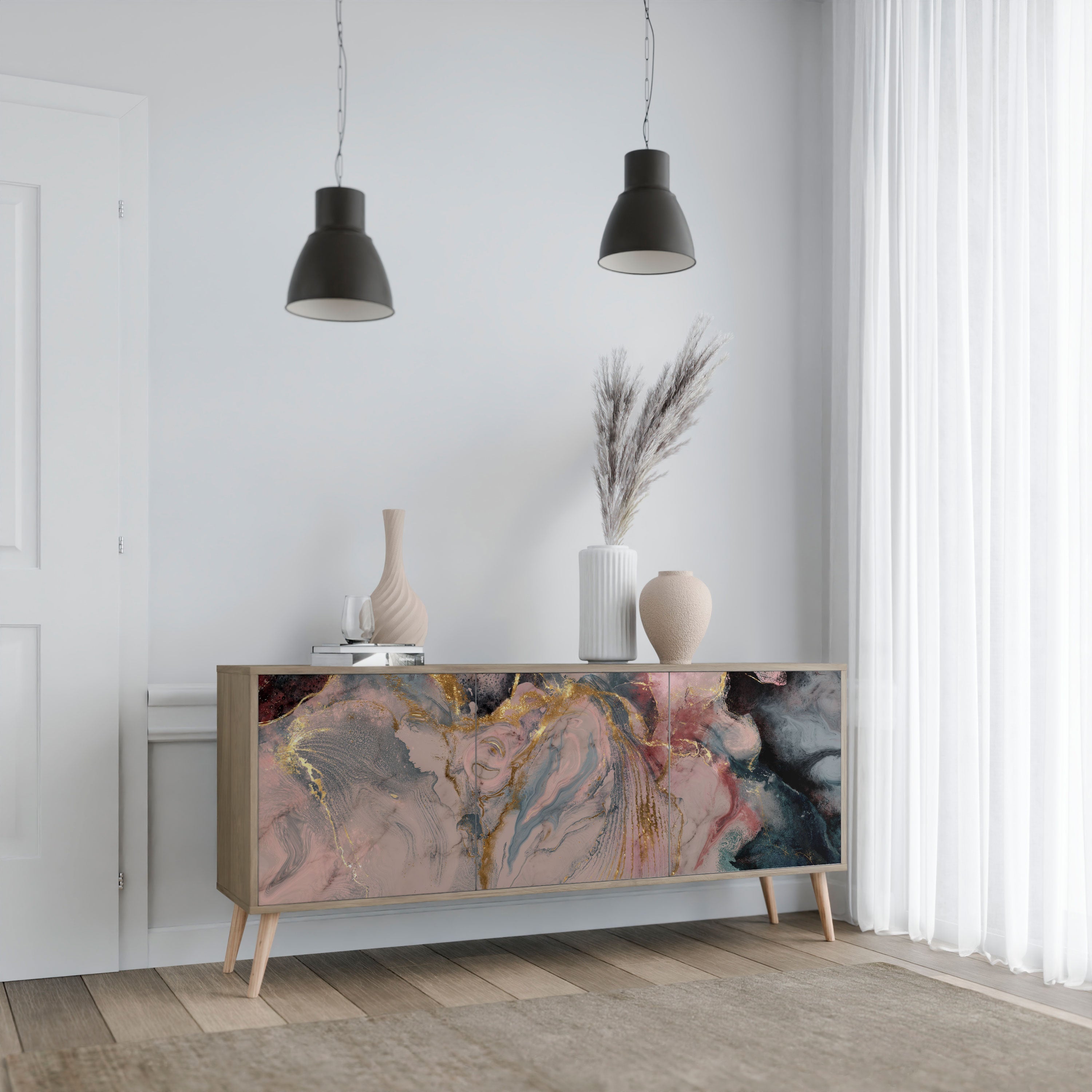 Buffet 3 portes GILDED SWIRLS effet chêne