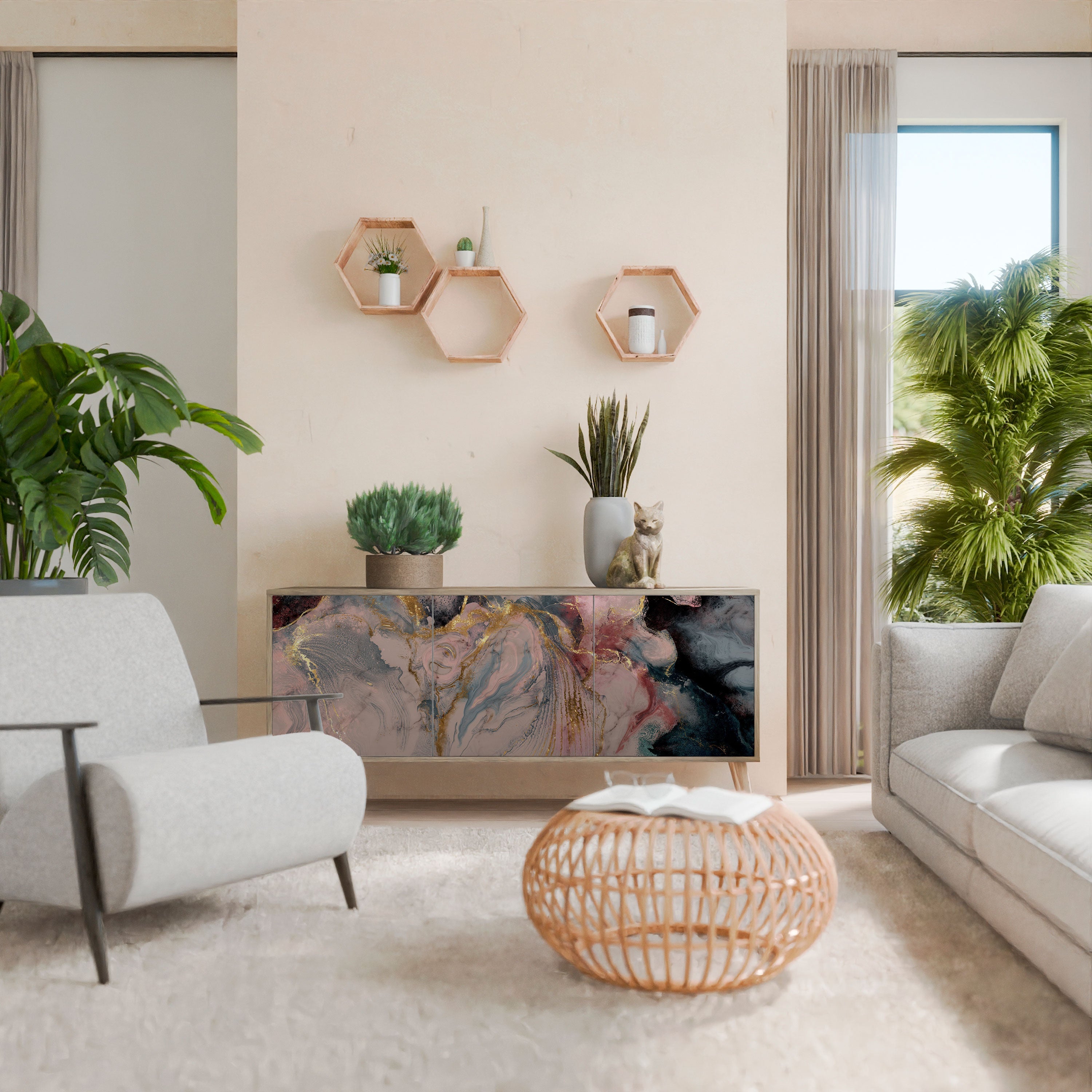 Buffet 3 portes GILDED SWIRLS effet chêne