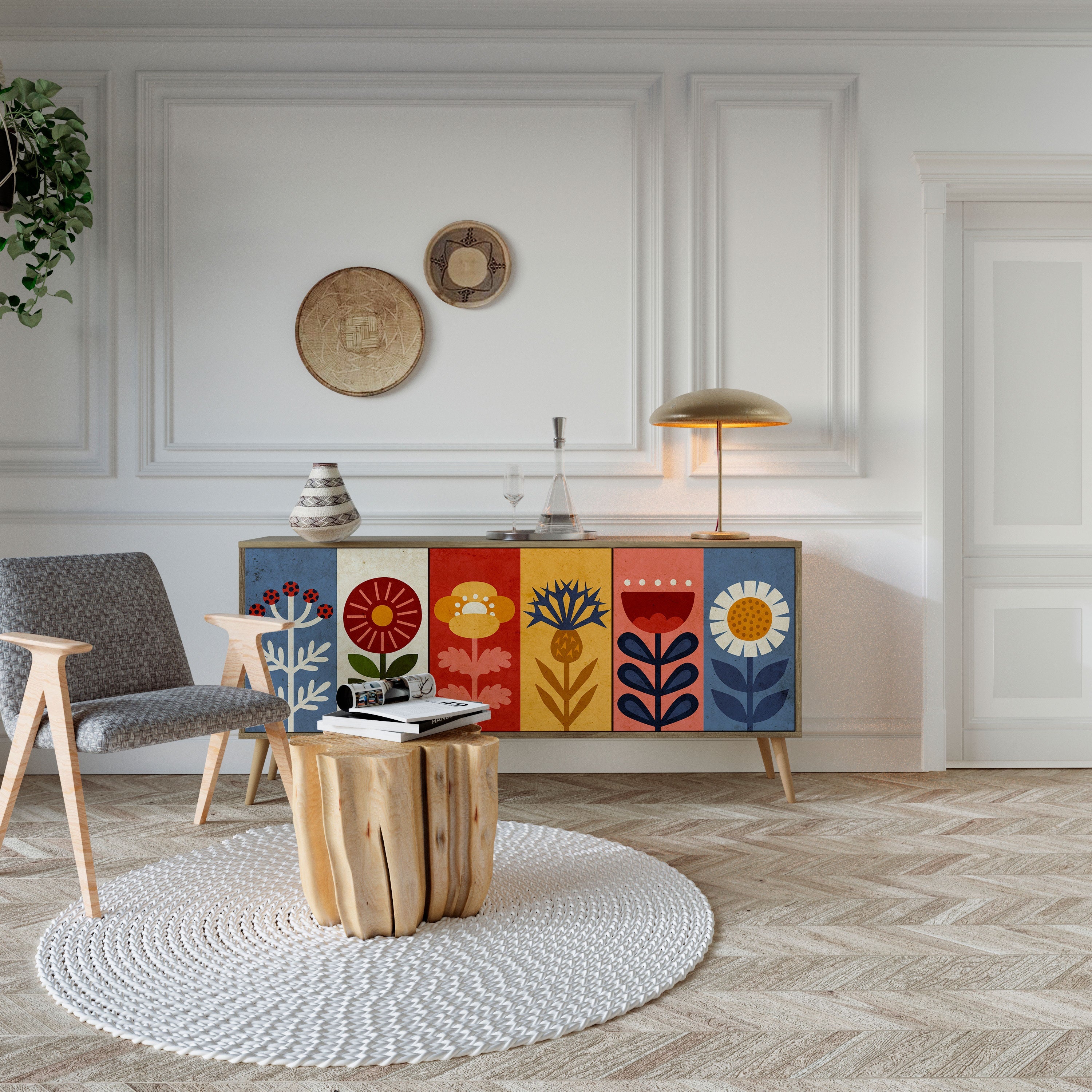 Buffet 3 portes SCANDIC FLOWERET effet chêne