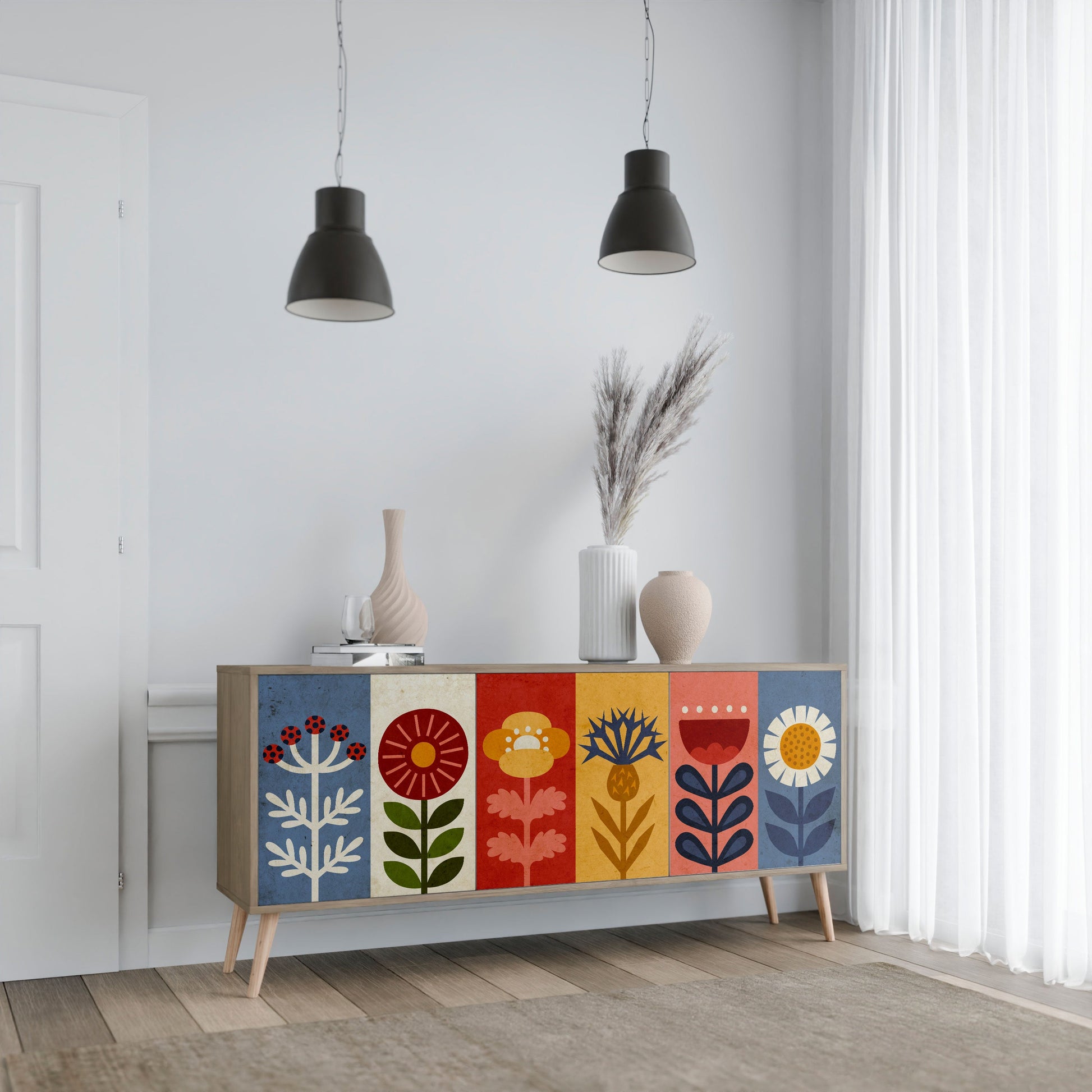Buffet 3 portes SCANDIC FLOWERET effet chêne