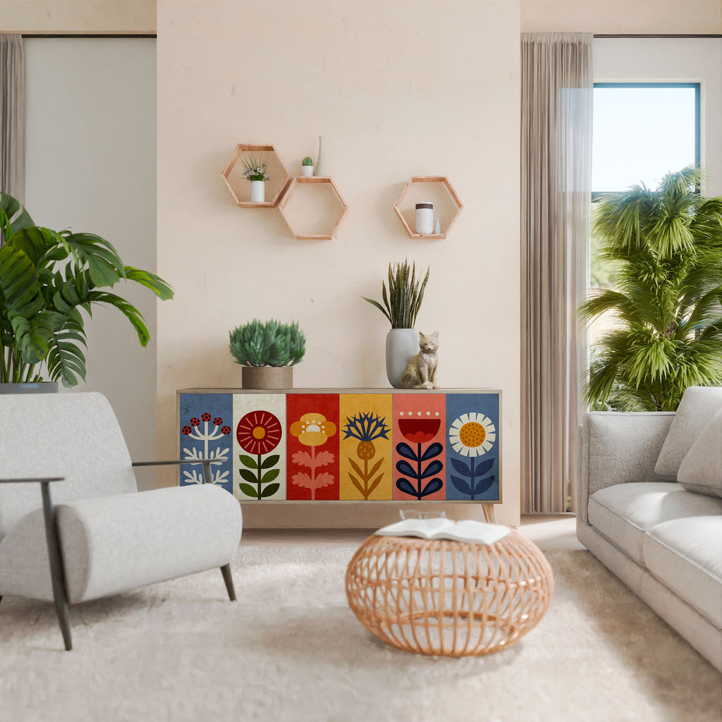 Buffet 3 portes SCANDIC FLOWERET effet chêne