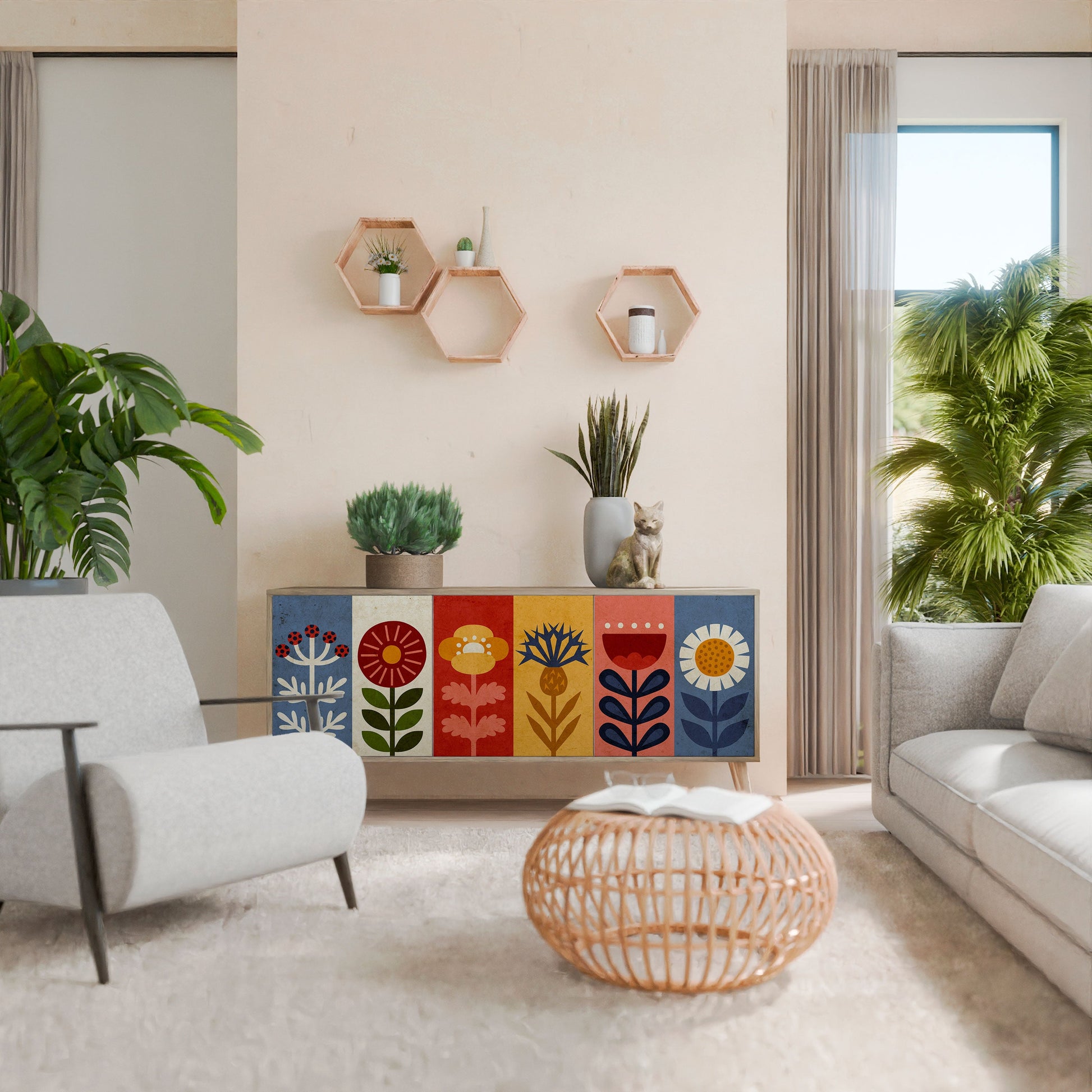 Buffet 3 portes SCANDIC FLOWERET effet chêne