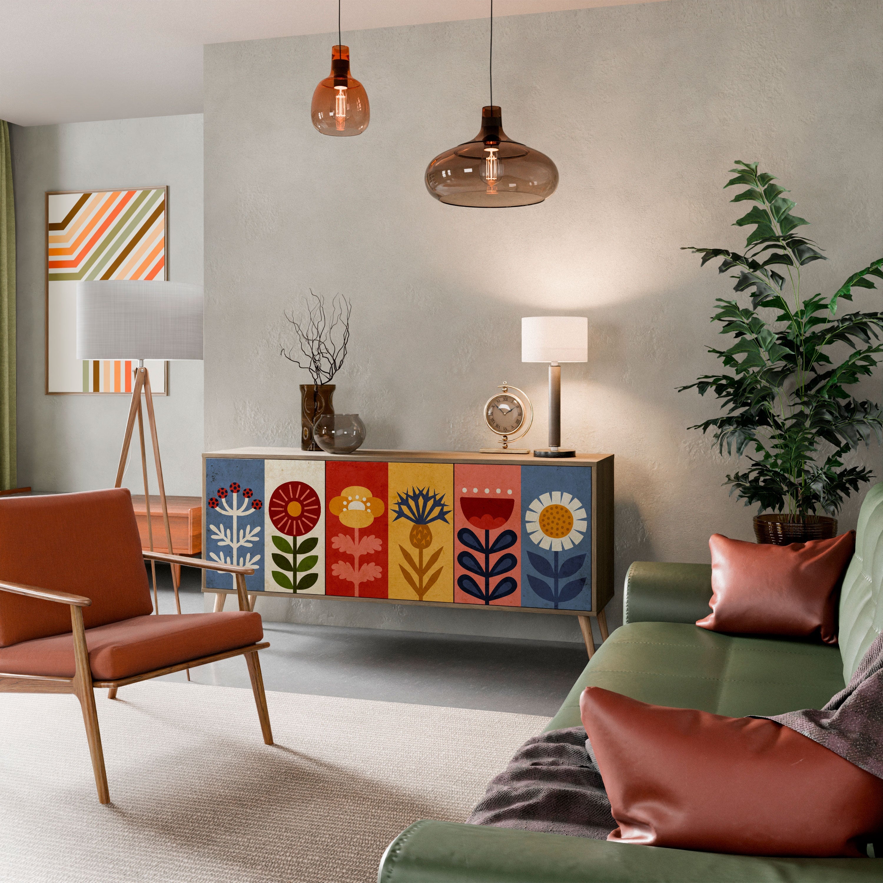 Buffet 3 portes SCANDIC FLOWERET effet chêne