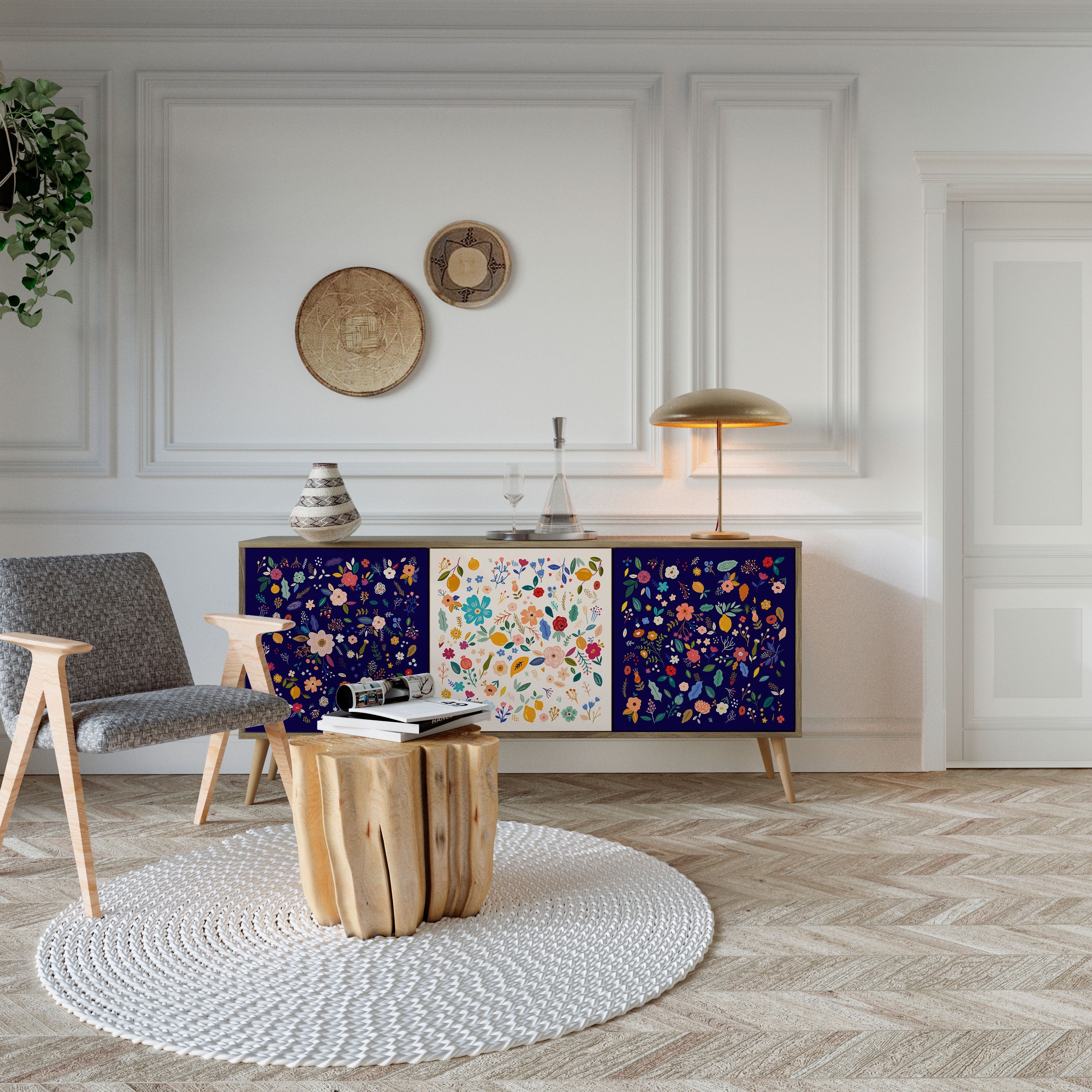 Buffet 3 portes FLORAL COMBINATION effet chêne