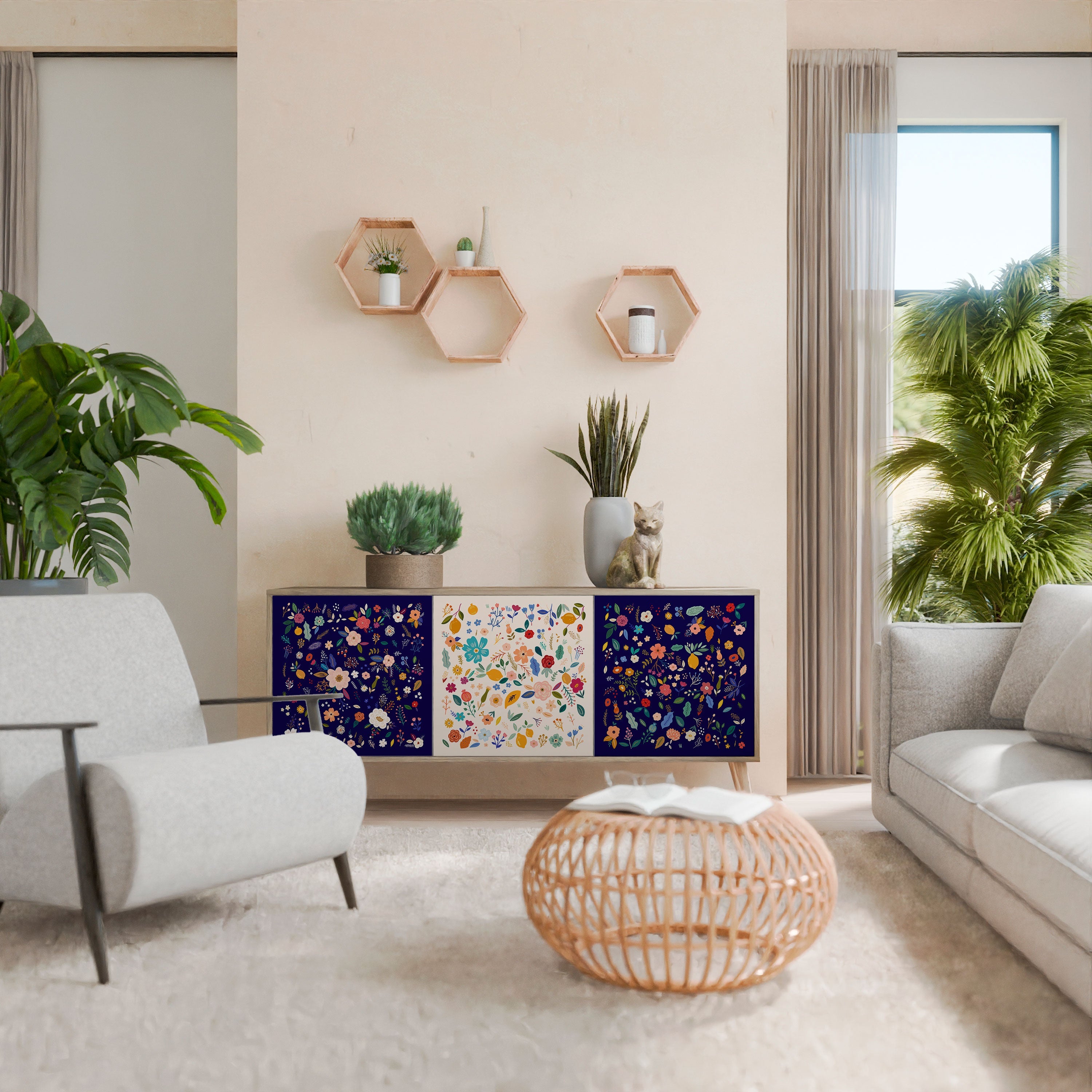 Buffet 3 portes FLORAL COMBINATION effet chêne