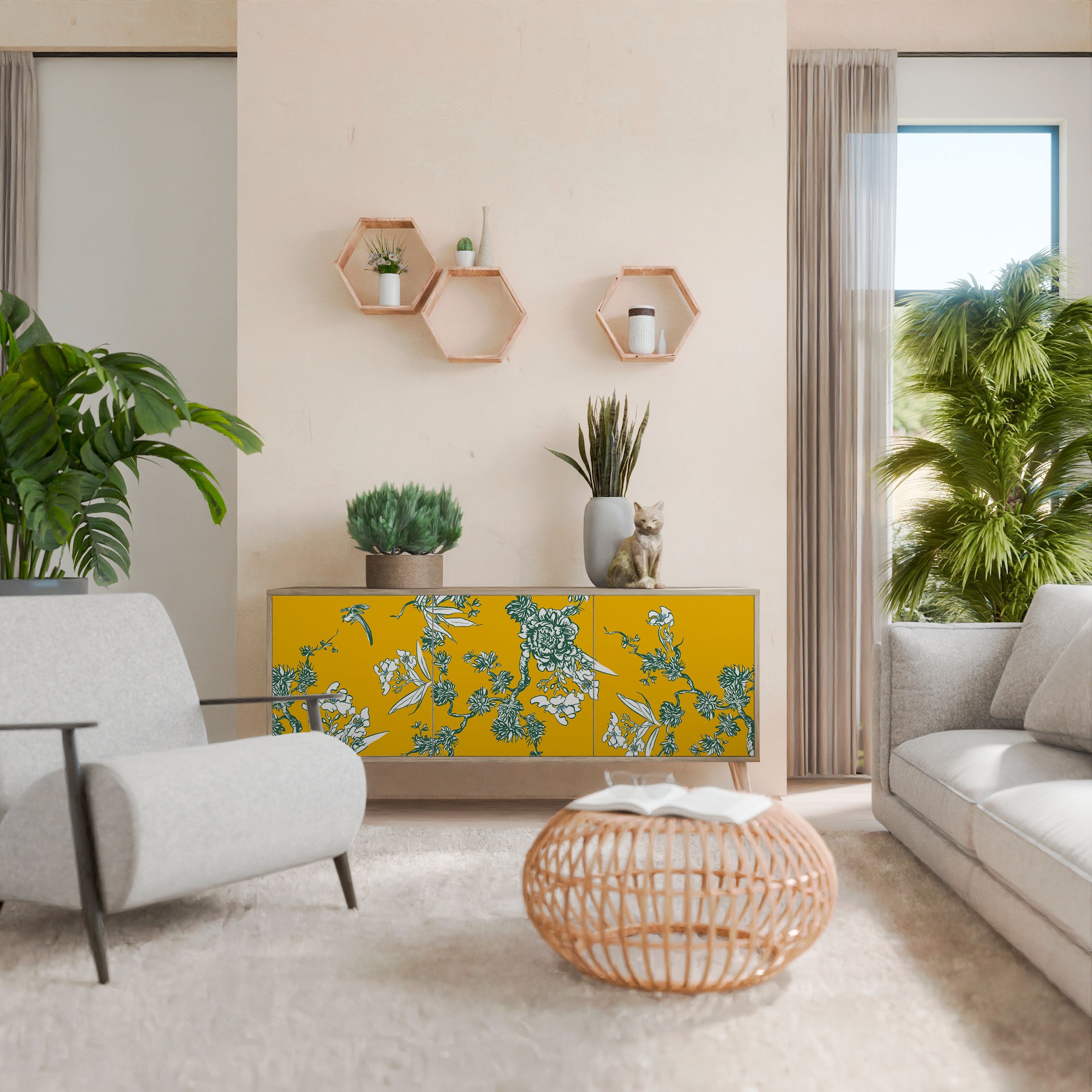 Buffet 3 portes YELLOW CHINOISERIE effet chêne