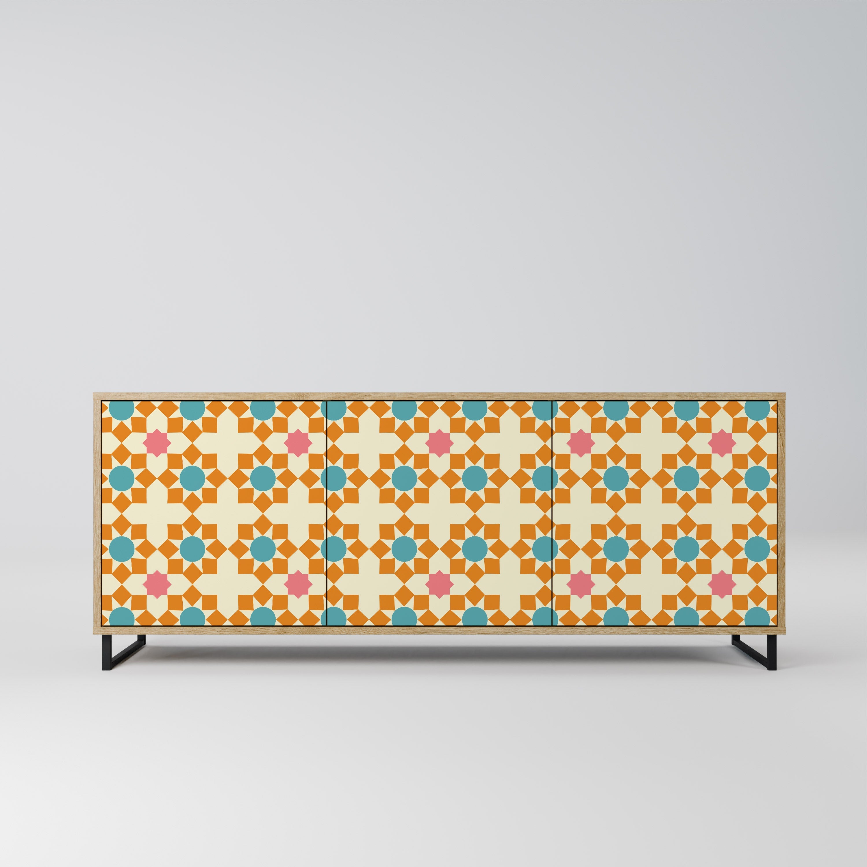 Buffet 3 portes effet chêne à décor floral