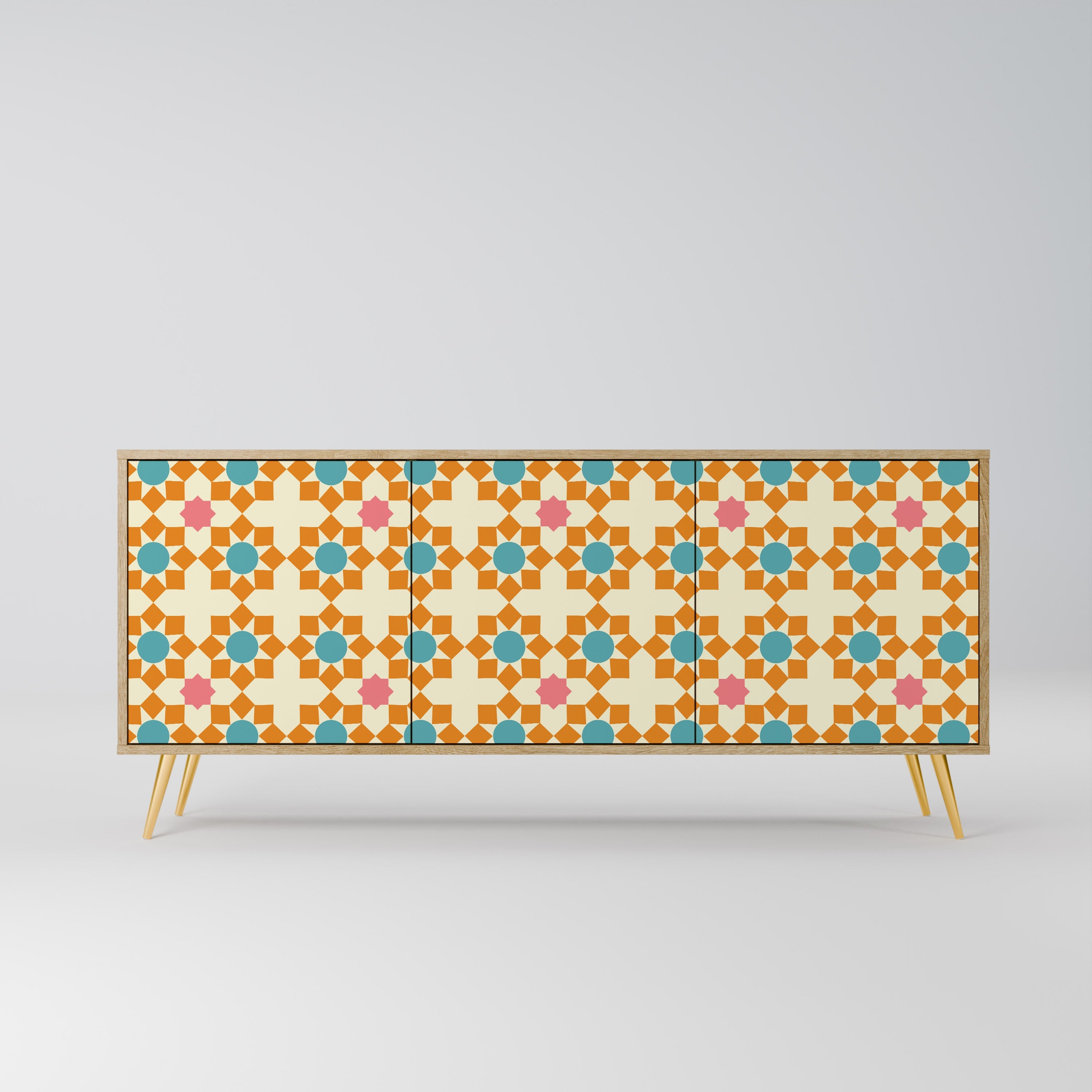 Buffet 3 portes effet chêne à décor floral