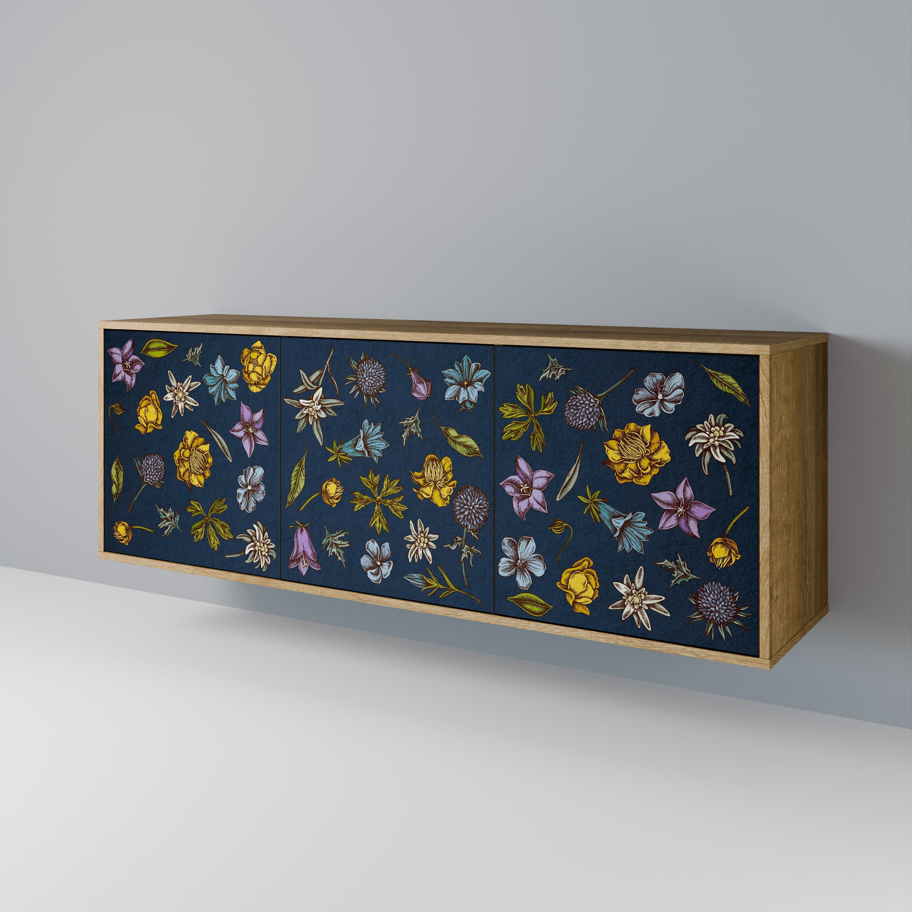 Buffet 3 portes effet chêne, motif fleurs sur fond bleu marine