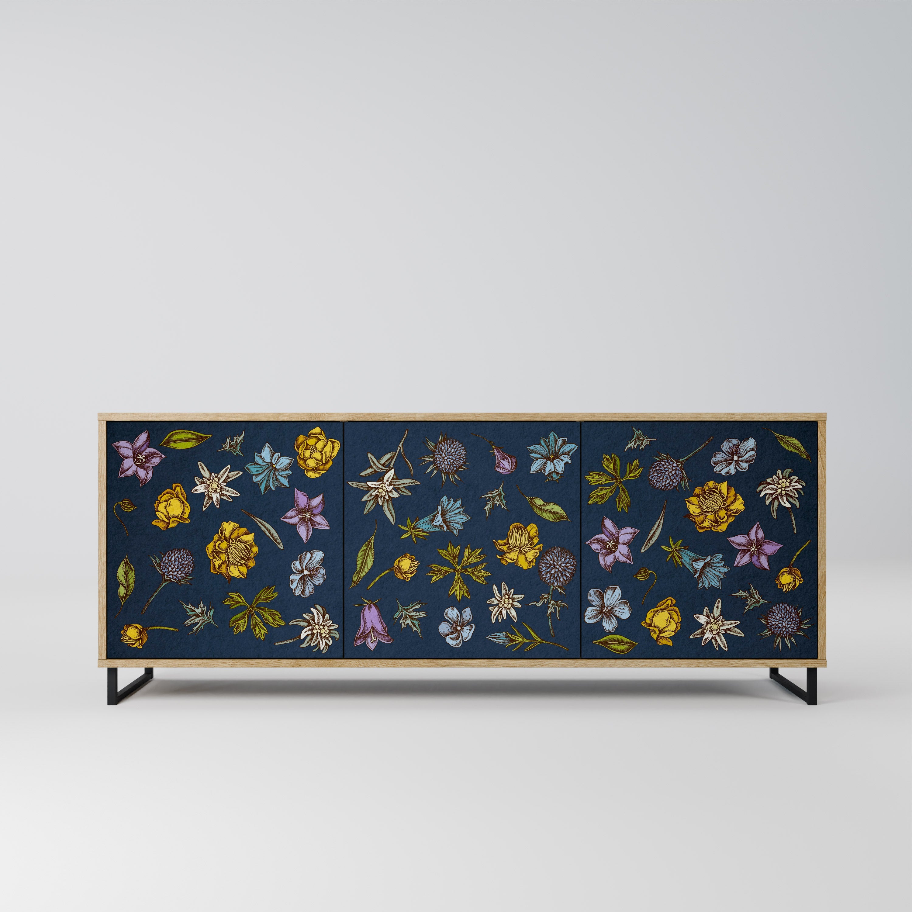 Buffet 3 portes effet chêne, motif fleurs sur fond bleu marine