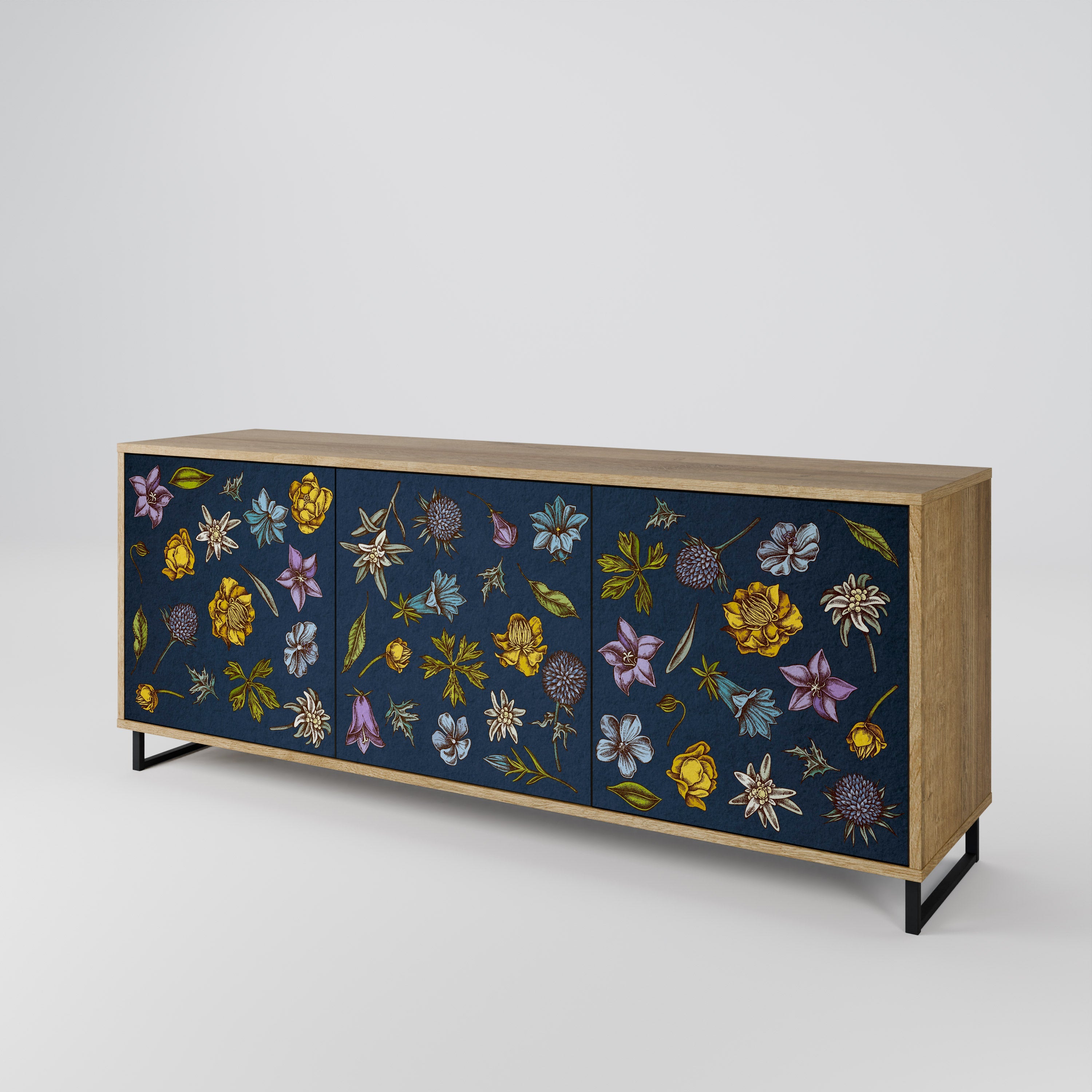 Buffet 3 portes effet chêne, motif fleurs sur fond bleu marine
