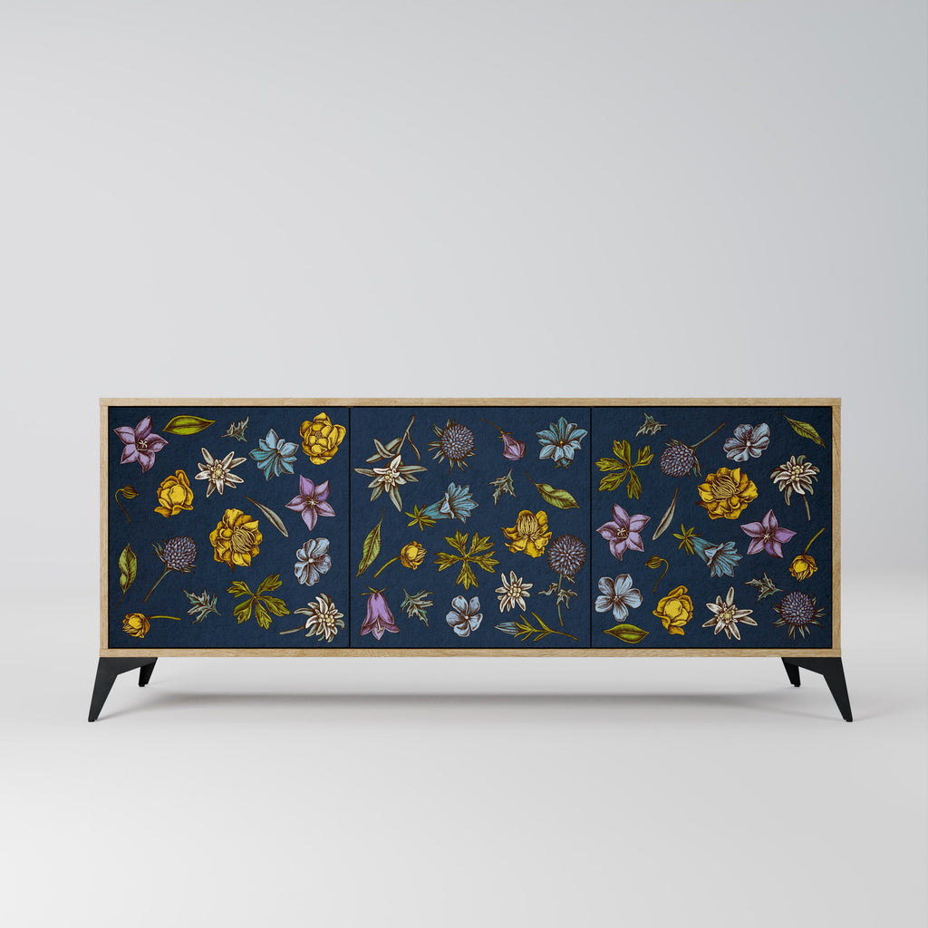 Buffet 3 portes effet chêne, motif fleurs sur fond bleu marine