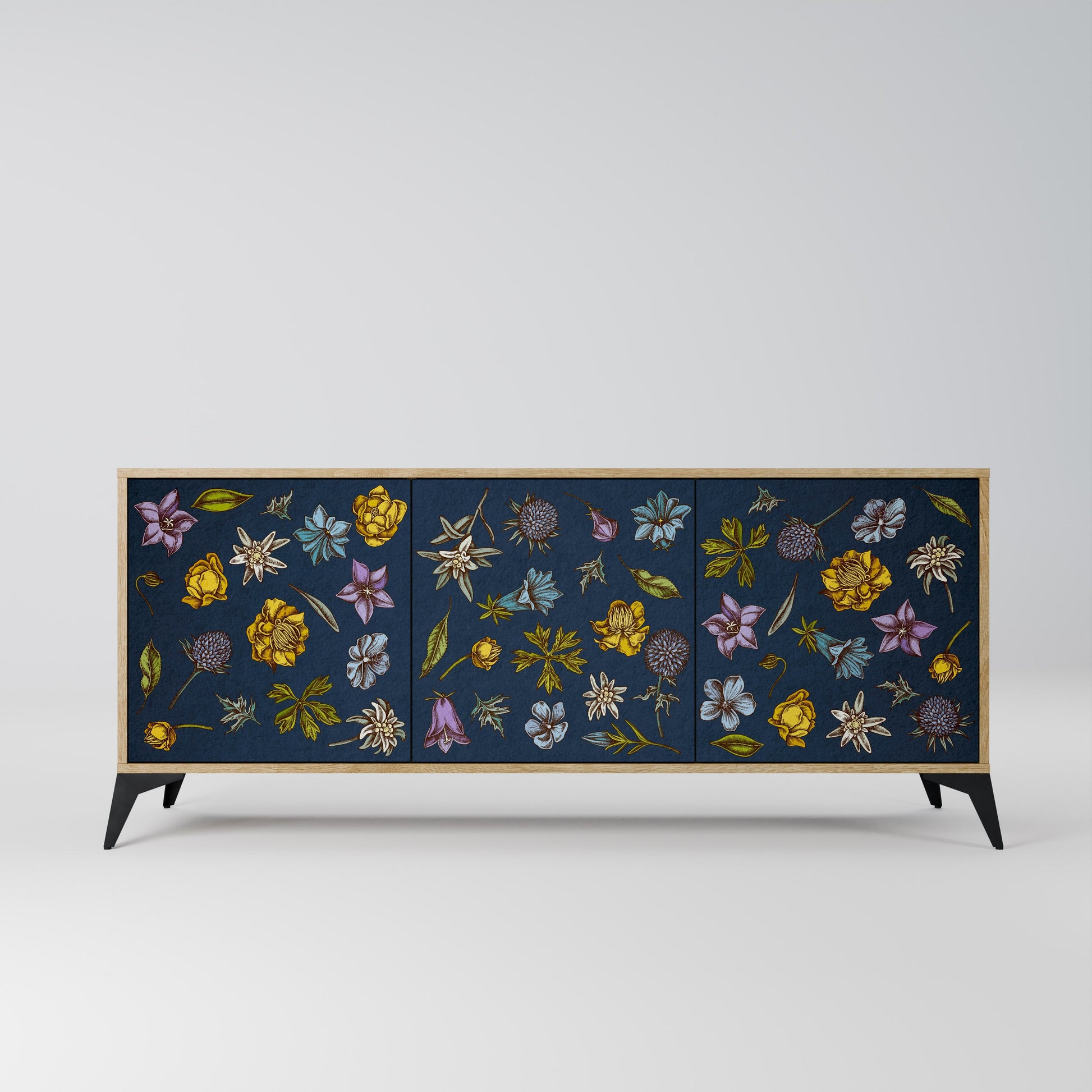 Buffet 3 portes effet chêne, motif fleurs sur fond bleu marine