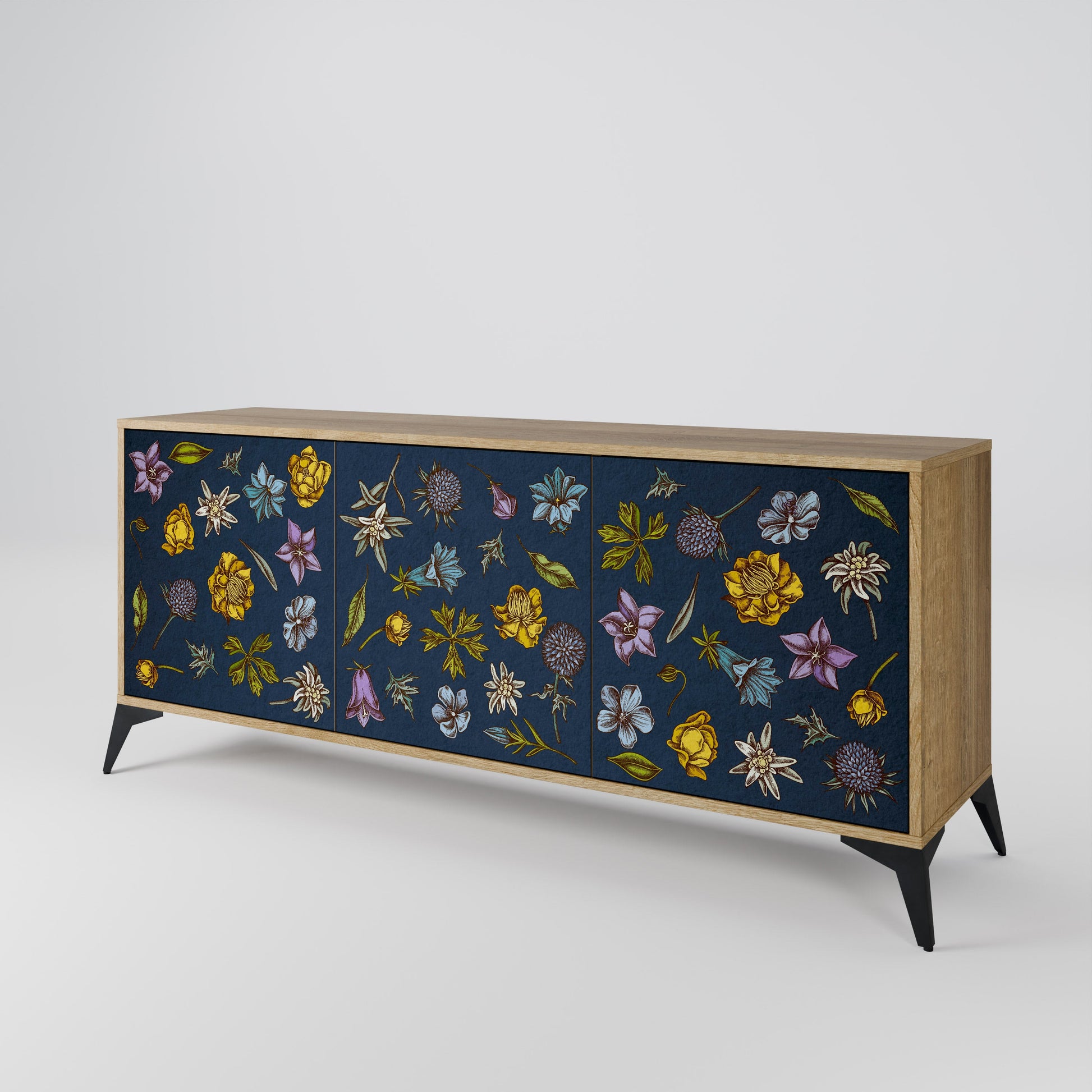 Buffet 3 portes effet chêne, motif fleurs sur fond bleu marine