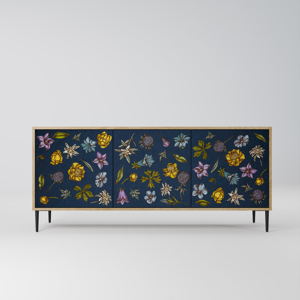 Buffet 3 portes effet chêne, motif fleurs sur fond bleu marine