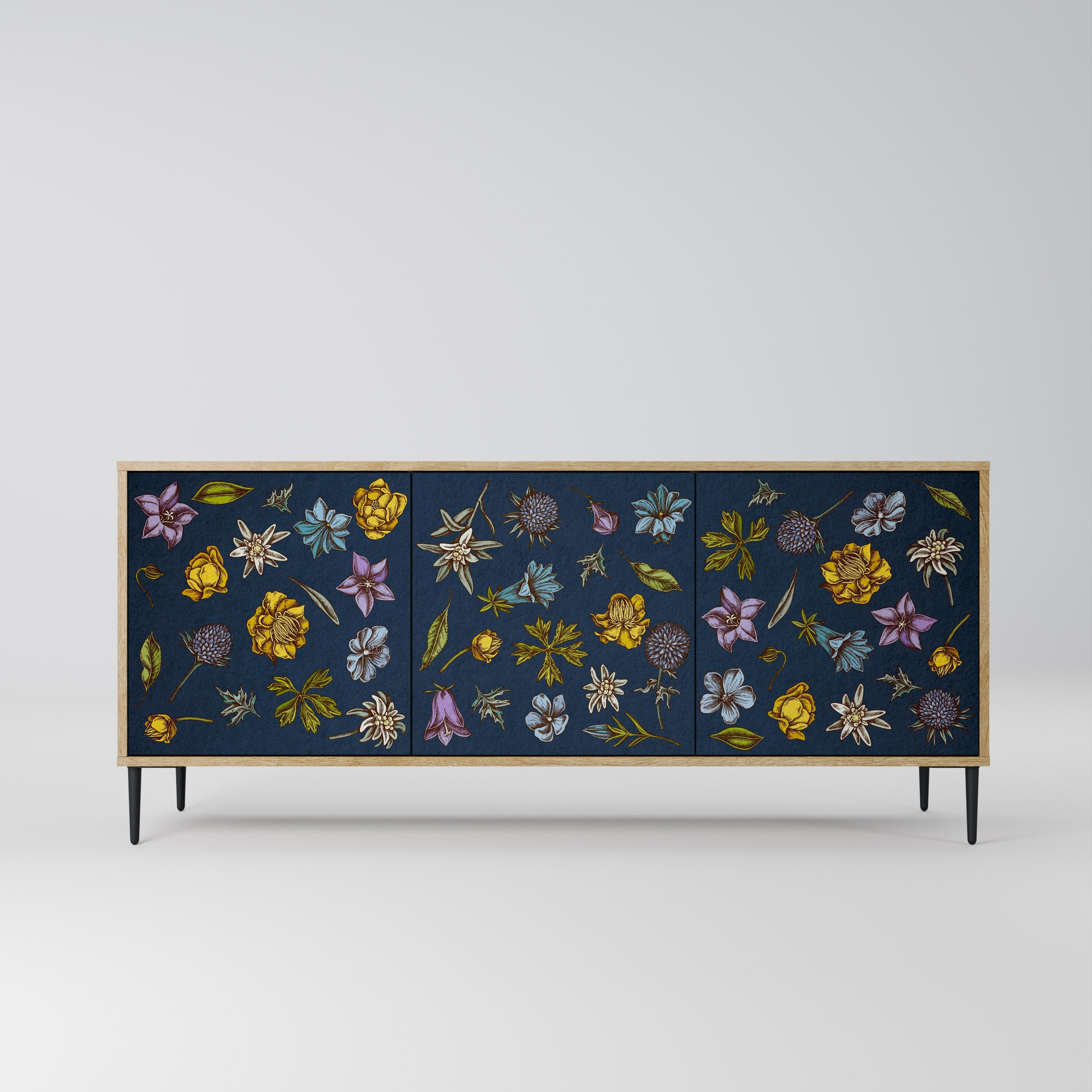 Buffet 3 portes effet chêne, motif fleurs sur fond bleu marine