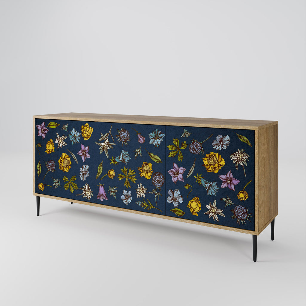 Buffet 3 portes effet chêne, motif fleurs sur fond bleu marine