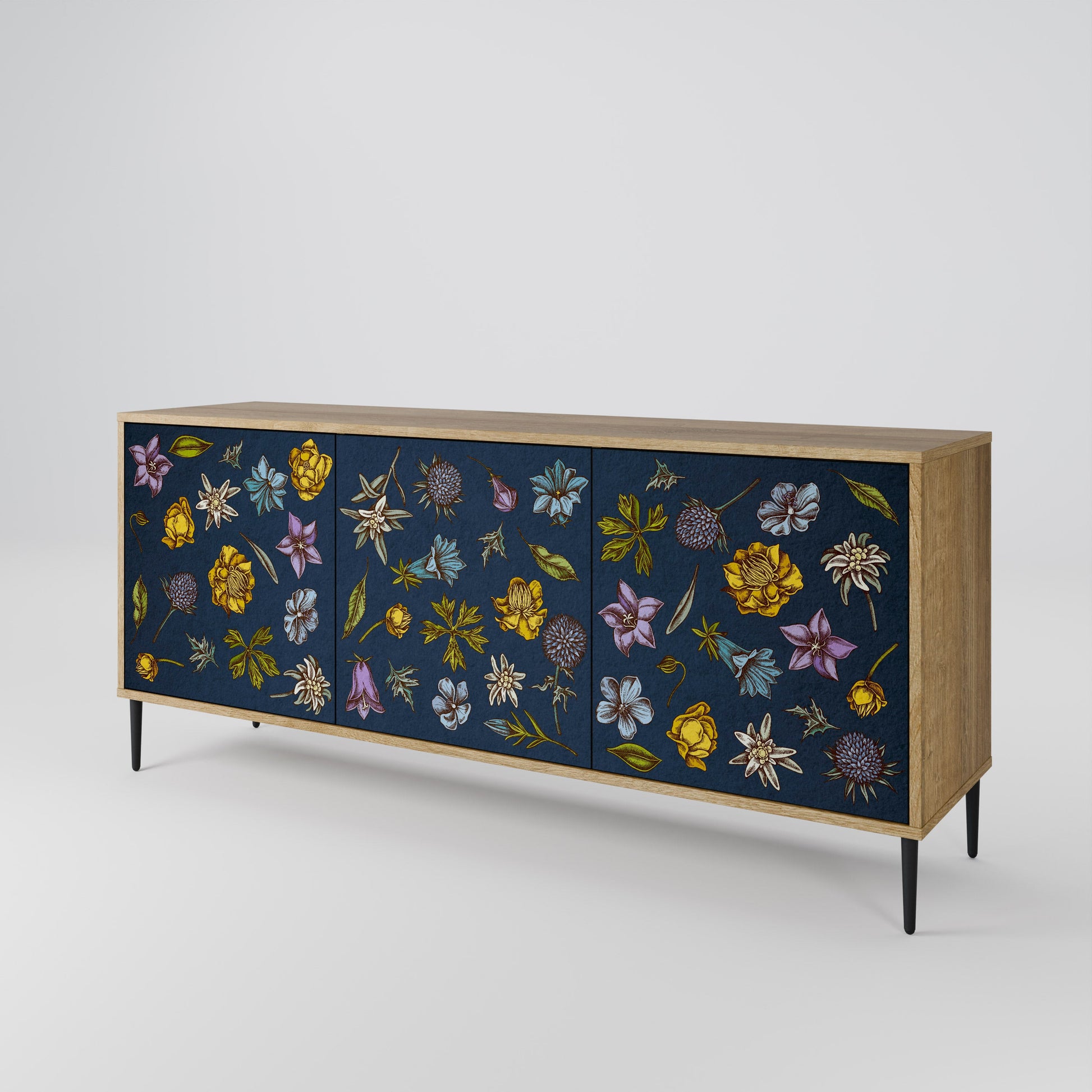 Buffet 3 portes effet chêne, motif fleurs sur fond bleu marine