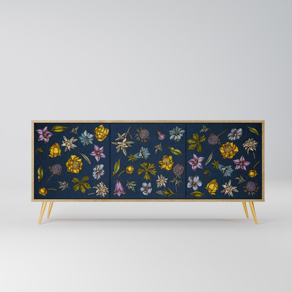 Buffet 3 portes effet chêne, motif fleurs sur fond bleu marine