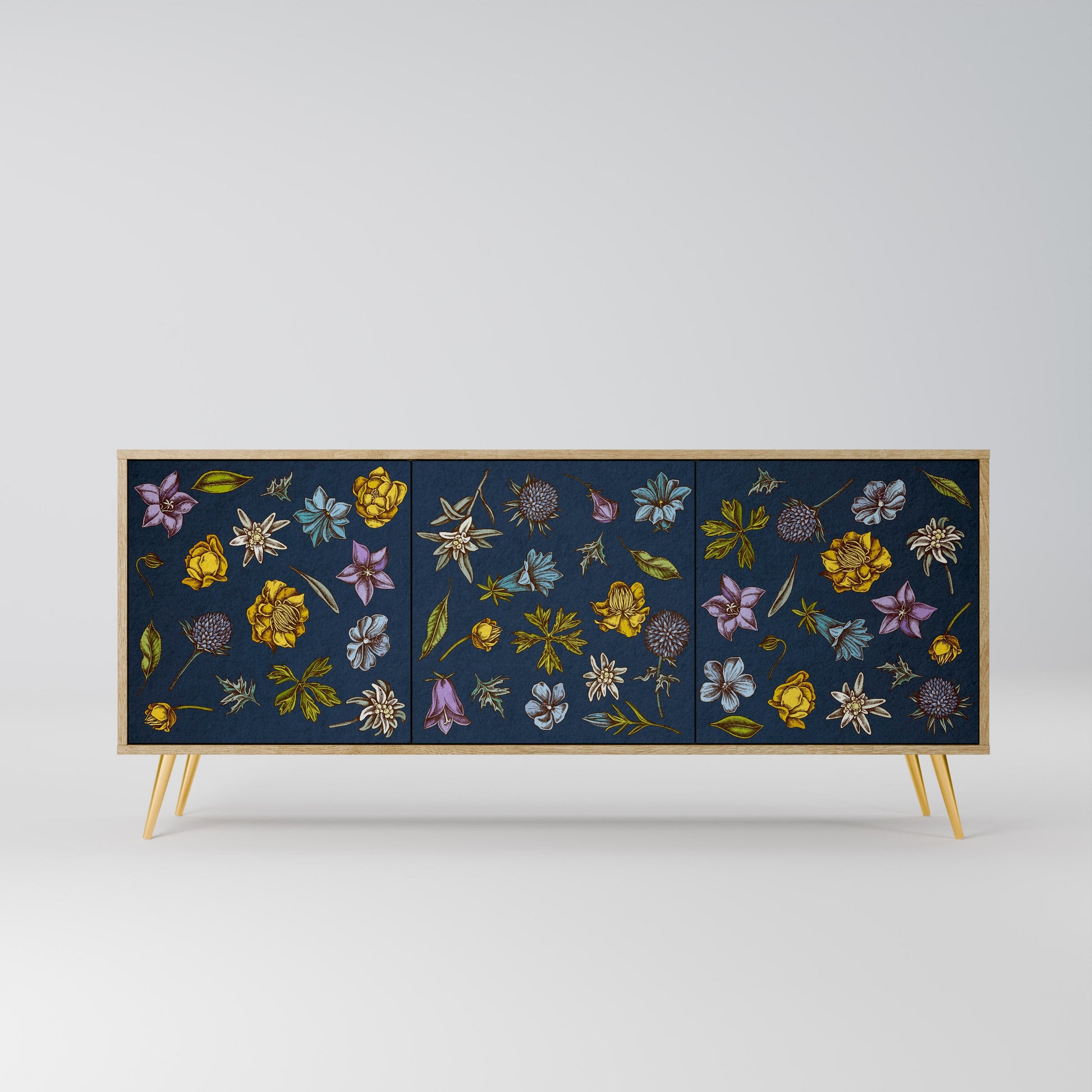 Buffet 3 portes effet chêne, motif fleurs sur fond bleu marine