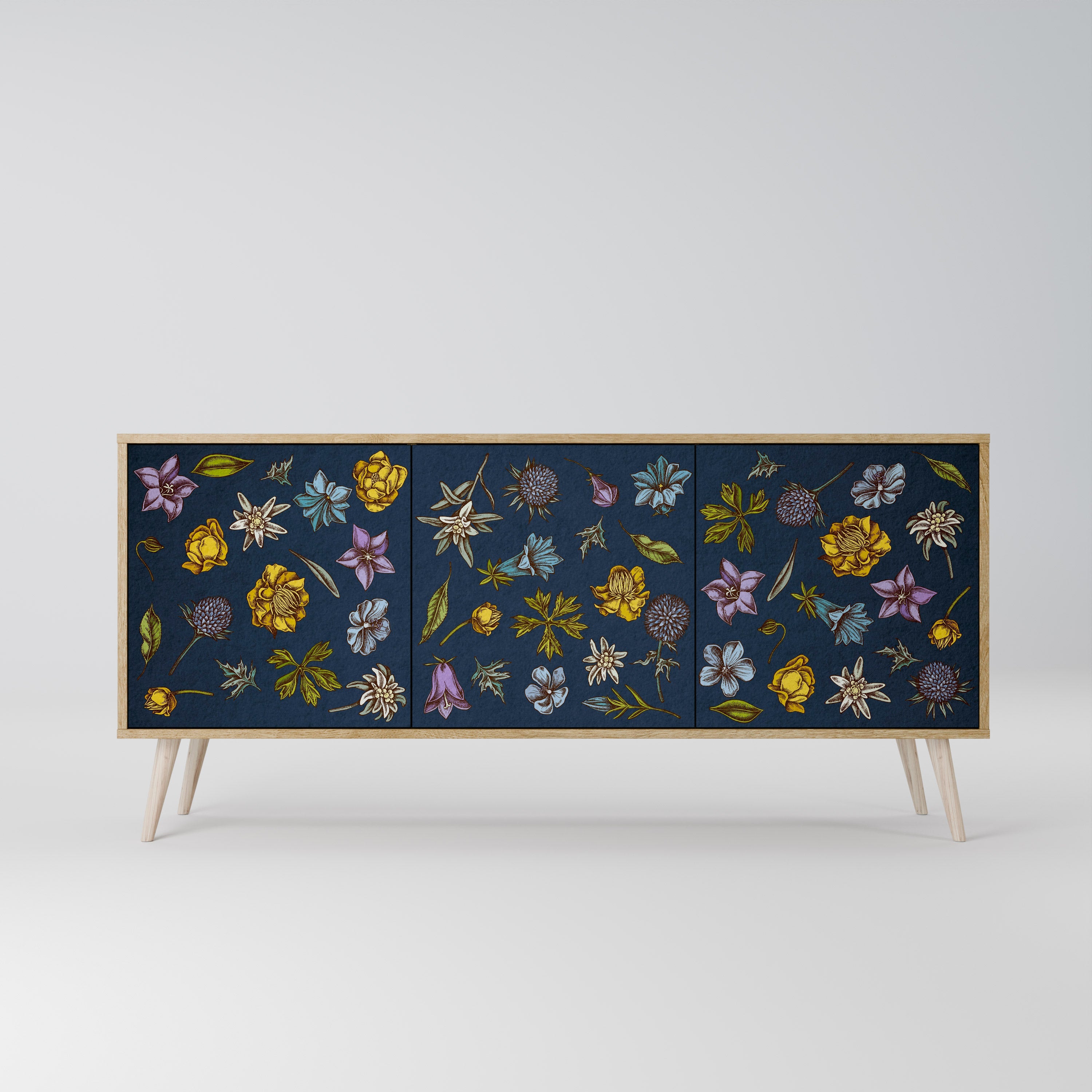 Buffet 3 portes effet chêne, motif fleurs sur fond bleu marine