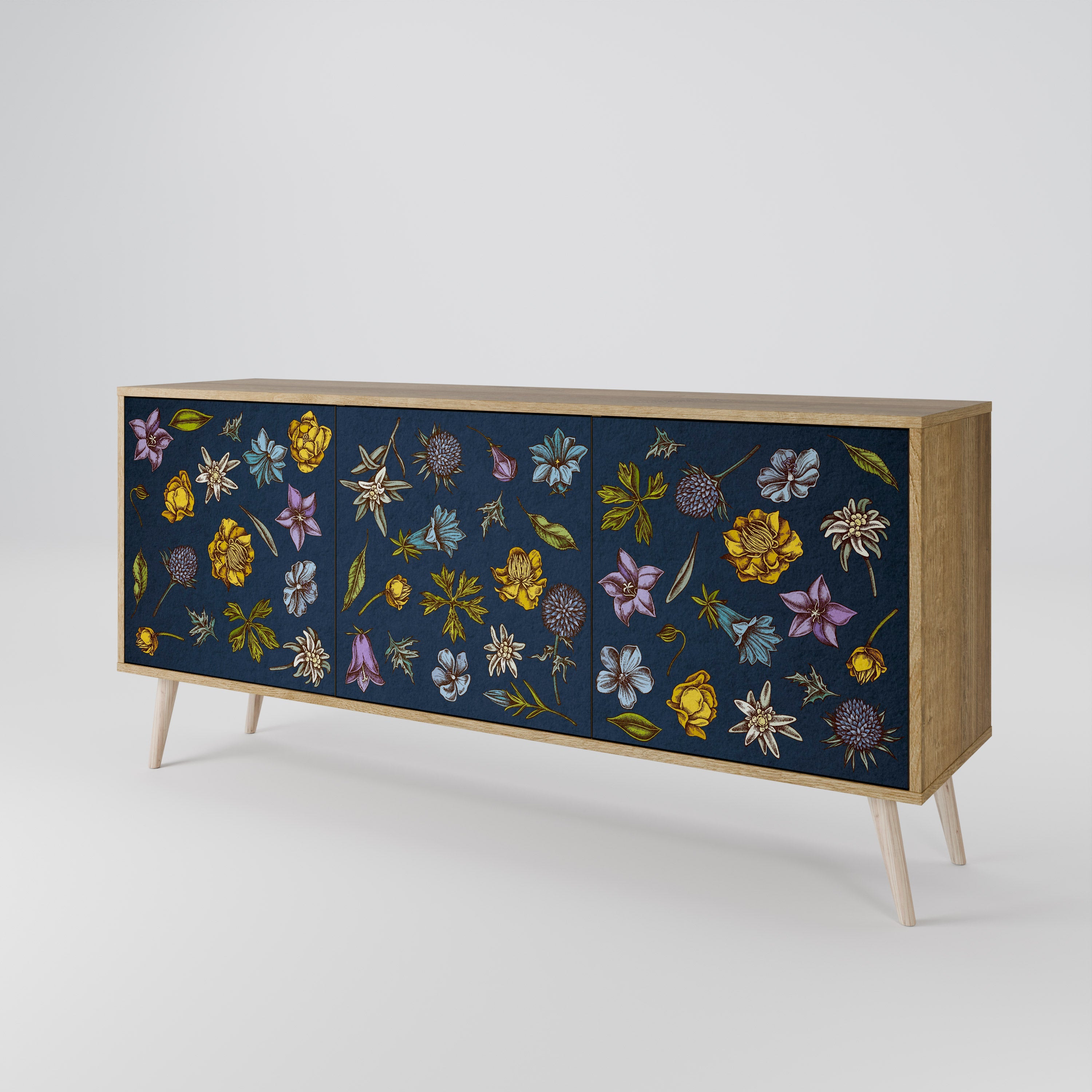 Buffet 3 portes effet chêne, motif fleurs sur fond bleu marine