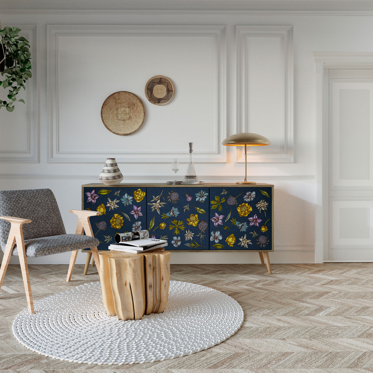 FLOWERS ON NAVY BLUE 3-Door Sideboard