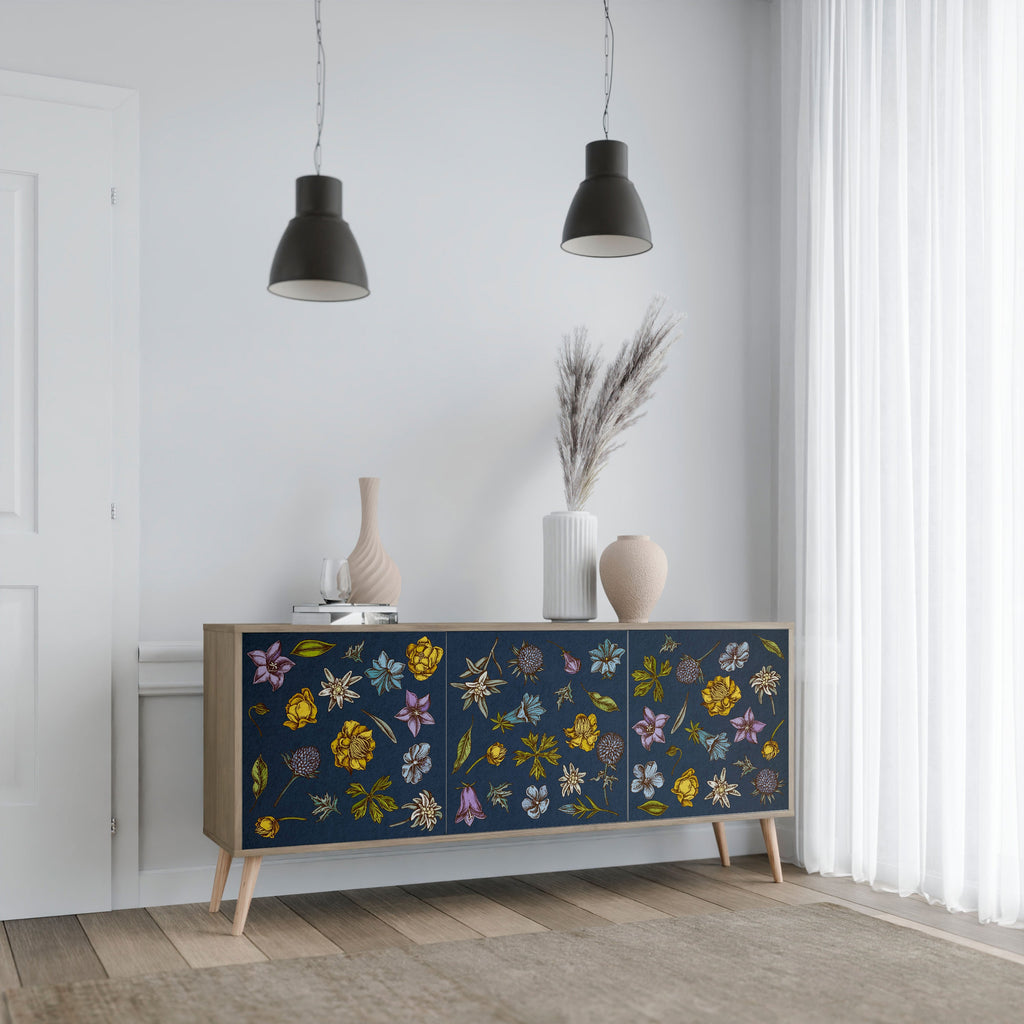 Buffet 3 portes effet chêne, motif fleurs sur fond bleu marine