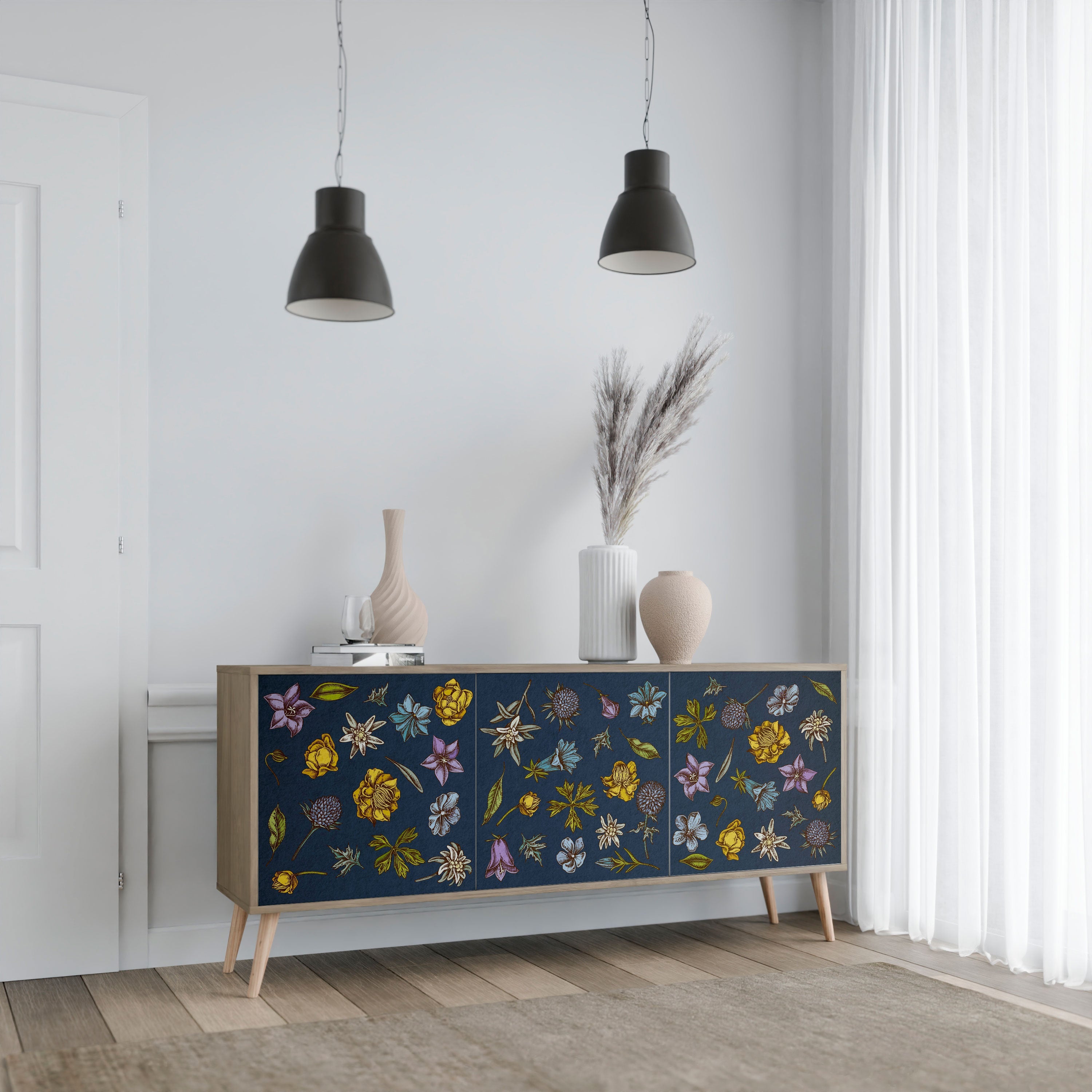 Buffet 3 portes effet chêne, motif fleurs sur fond bleu marine