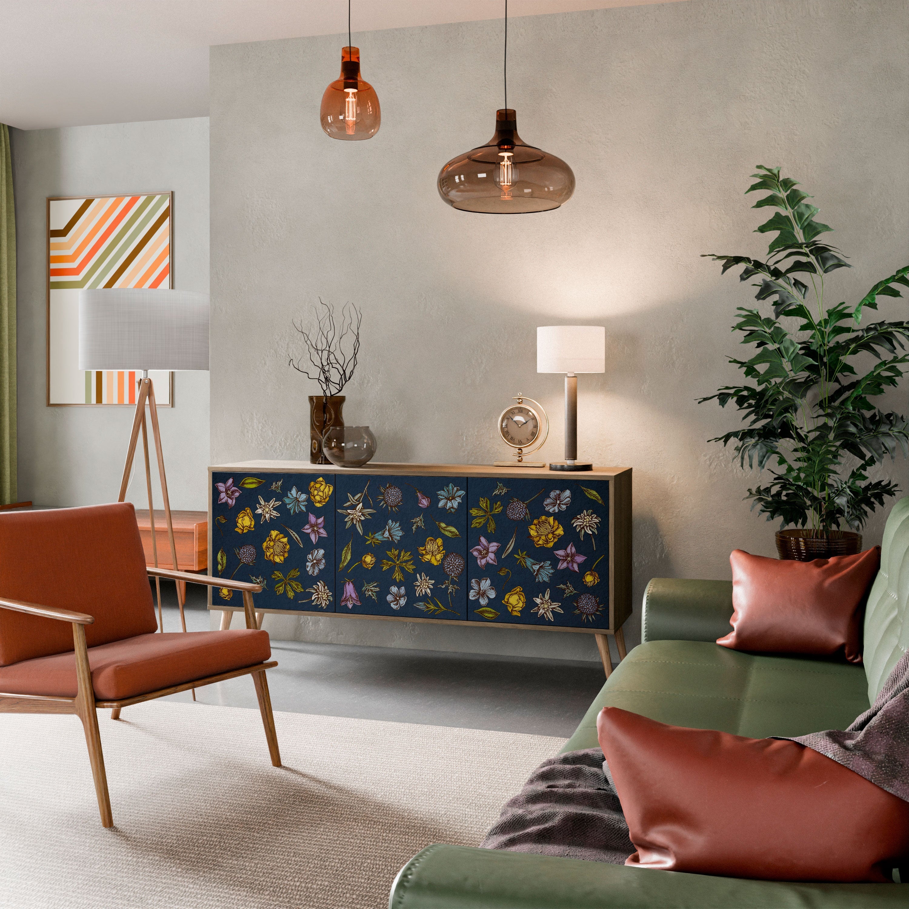 Buffet 3 portes effet chêne, motif fleurs sur fond bleu marine