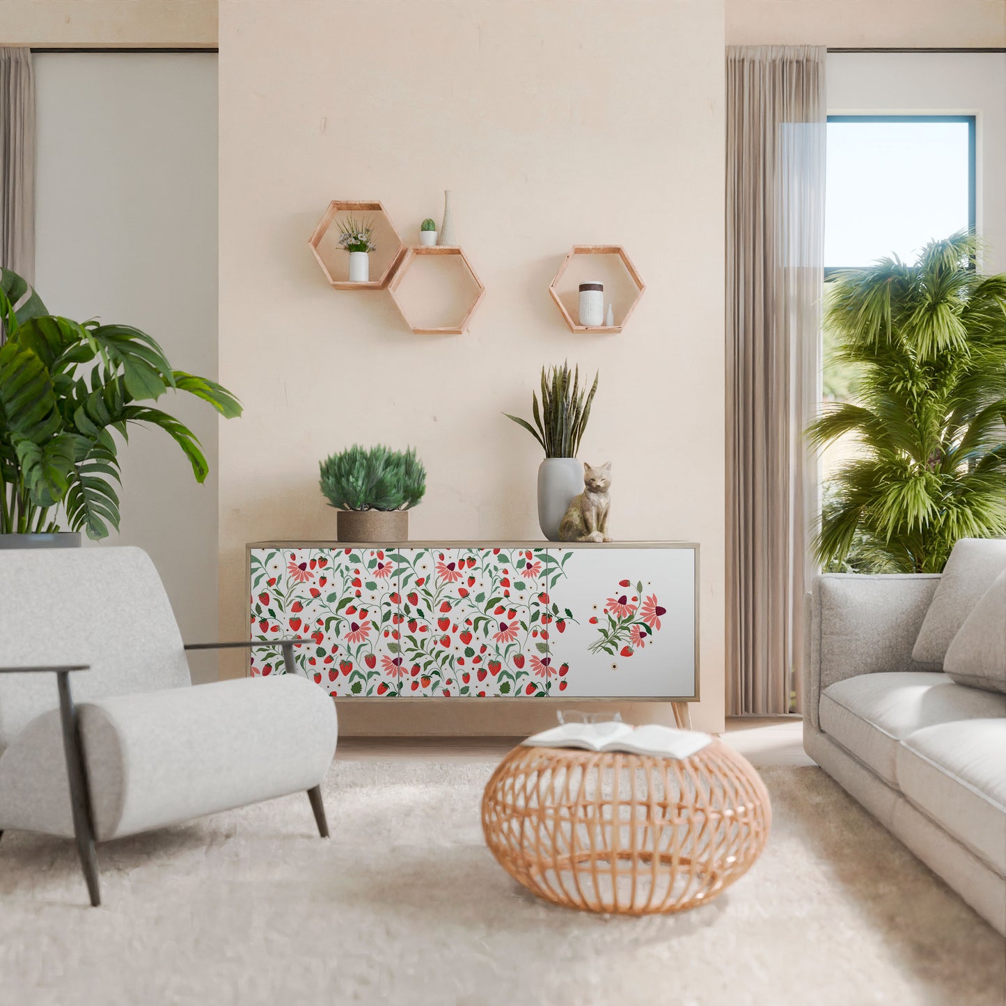 FLOWERS AND STRAWBERRIES 3-Door Sideboard