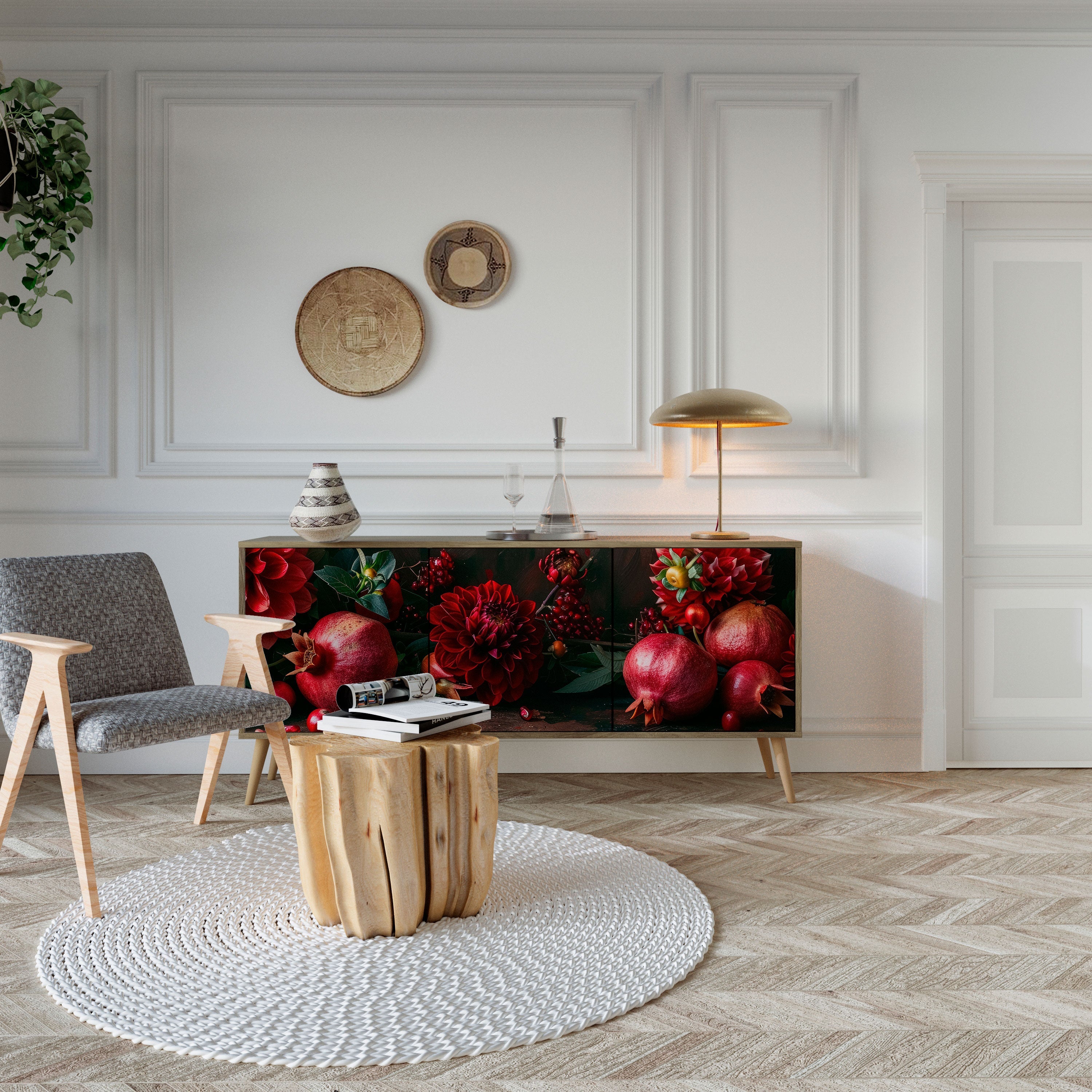 Buffet 3 portes effet chêne DAHLIAS ET GRENADES