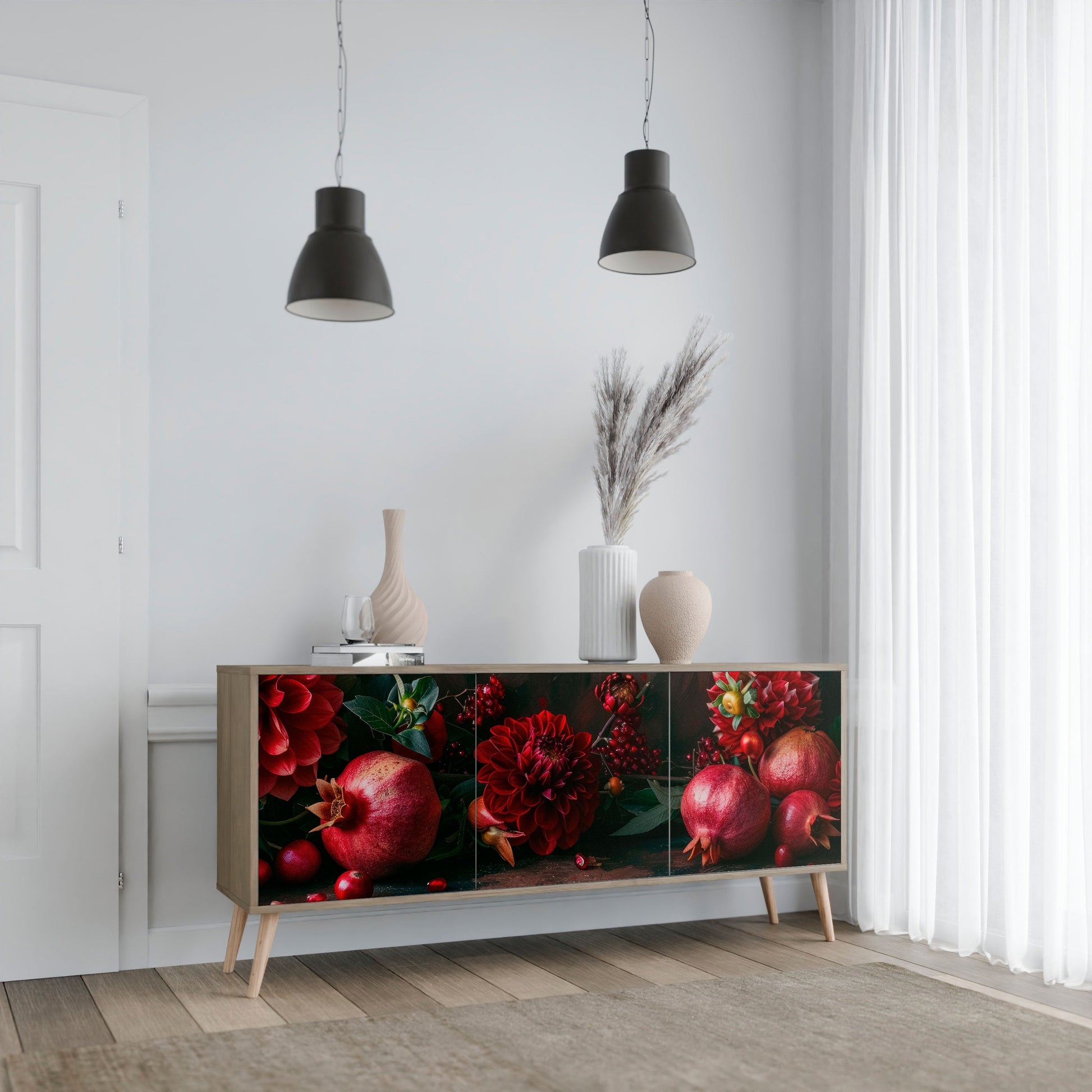 Buffet 3 portes effet chêne DAHLIAS ET GRENADES