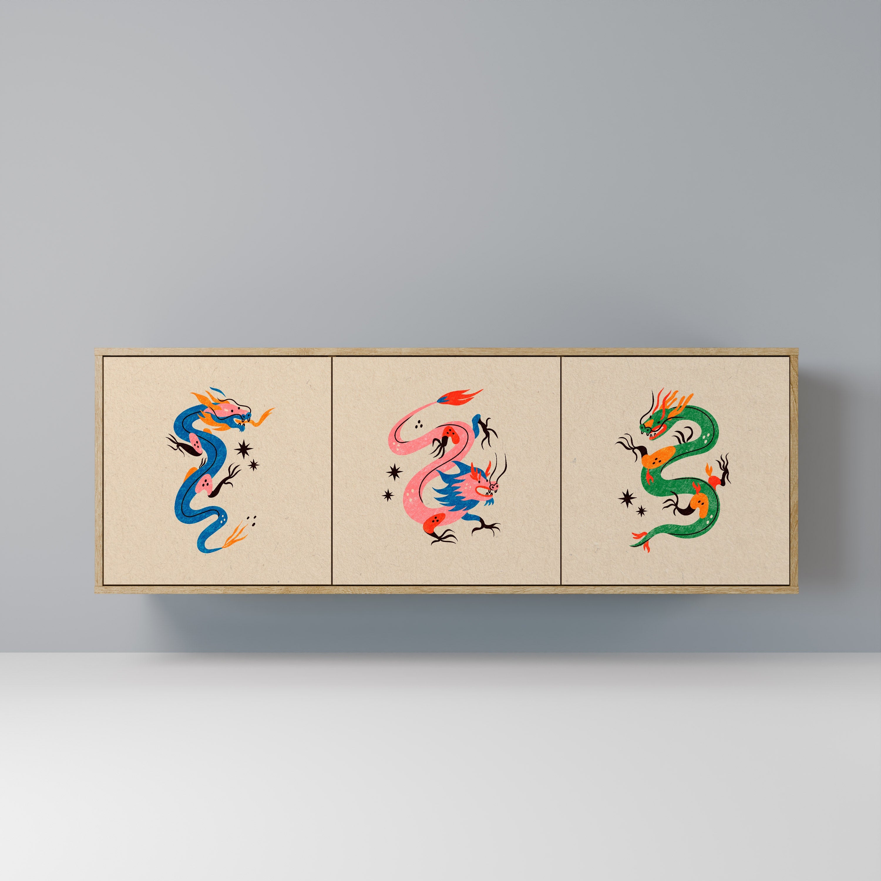 Buffet 3 portes effet chêne CRÉATURES MYTHOLOGIQUES