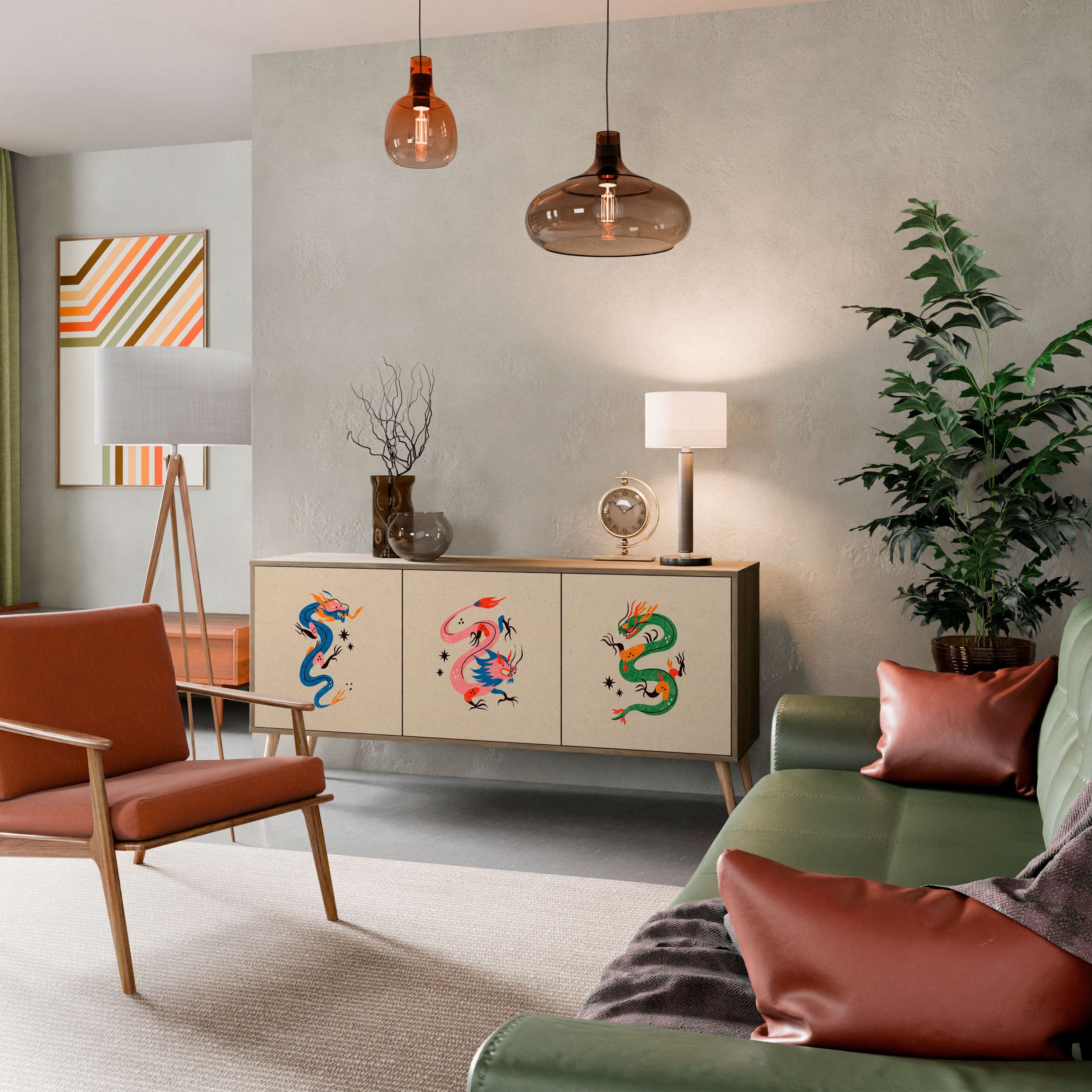 Buffet 3 portes effet chêne CRÉATURES MYTHOLOGIQUES