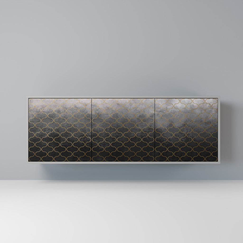 Buffet 3 portes à motif mosaïque grisâtre, finition grise