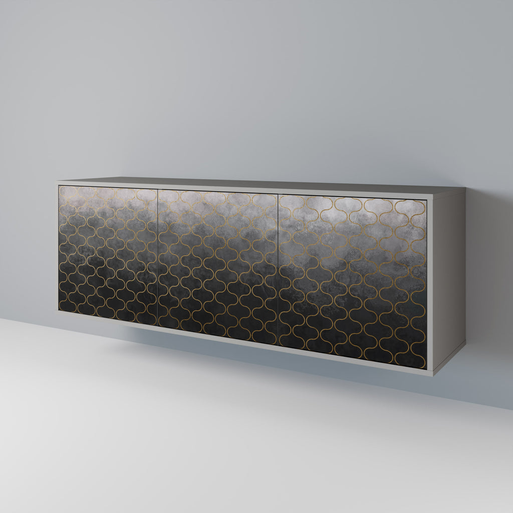 Buffet 3 portes à motif mosaïque grisâtre, finition grise