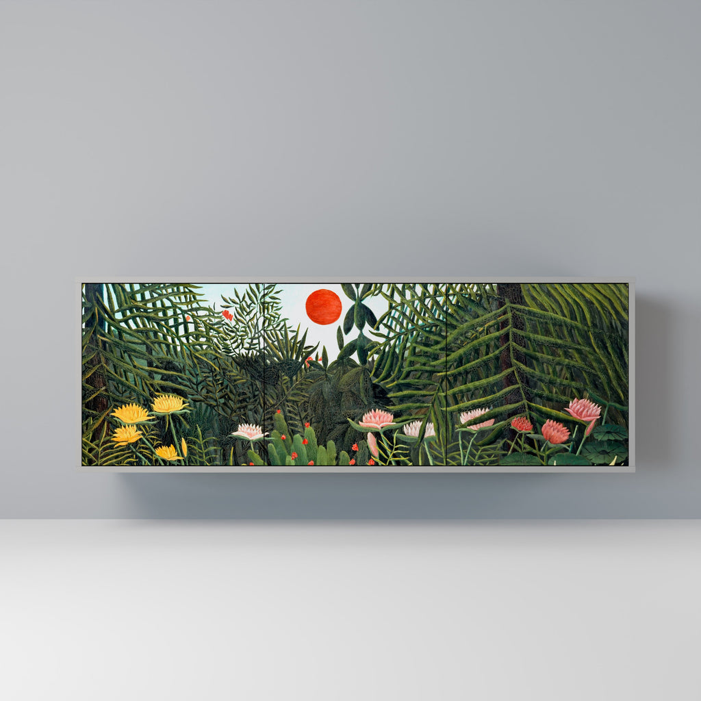 Buffet 3 portes FORÊT VIERGE AVEC COUCHER DE SOLEIL en finition grise