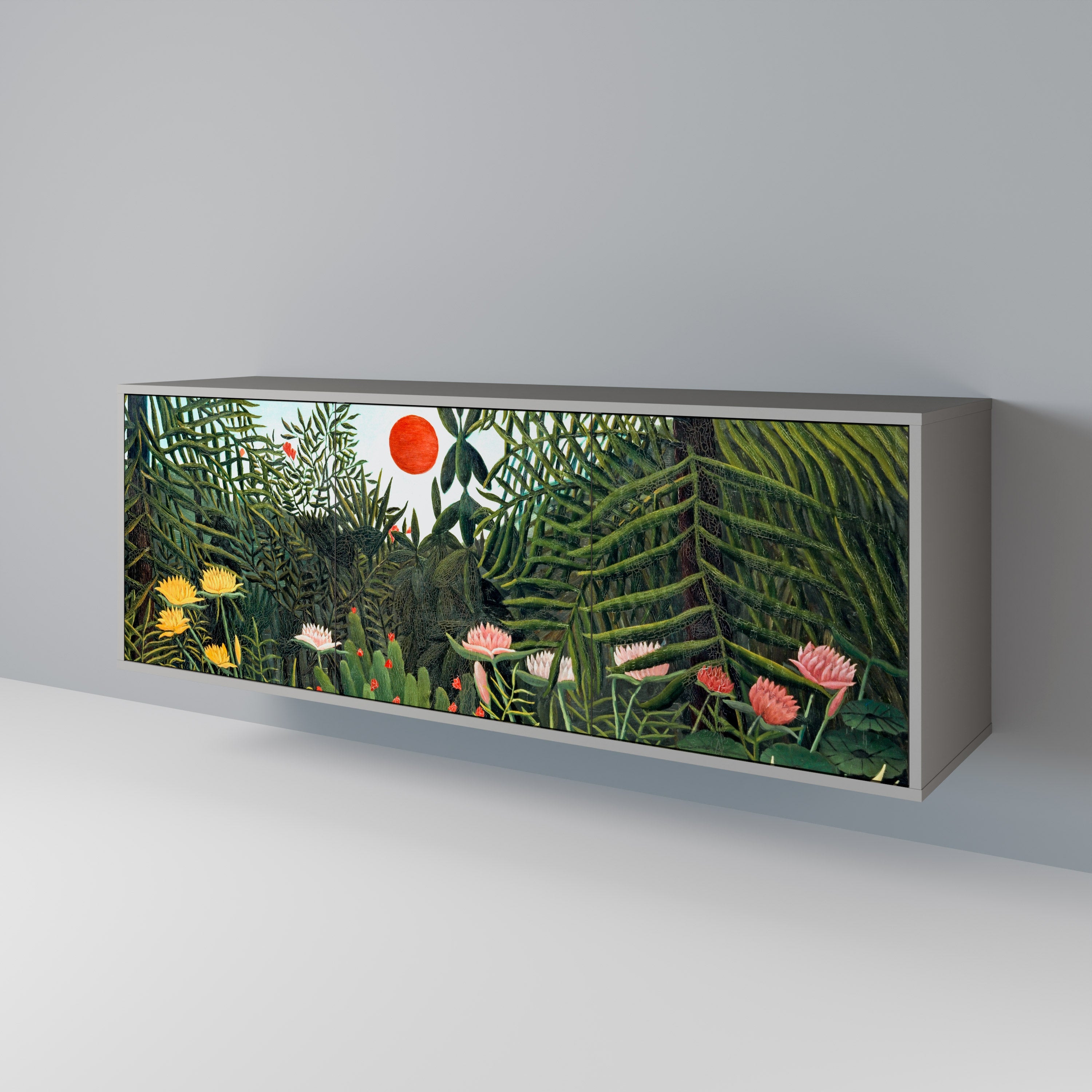 Buffet 3 portes FORÊT VIERGE AVEC COUCHER DE SOLEIL en finition grise