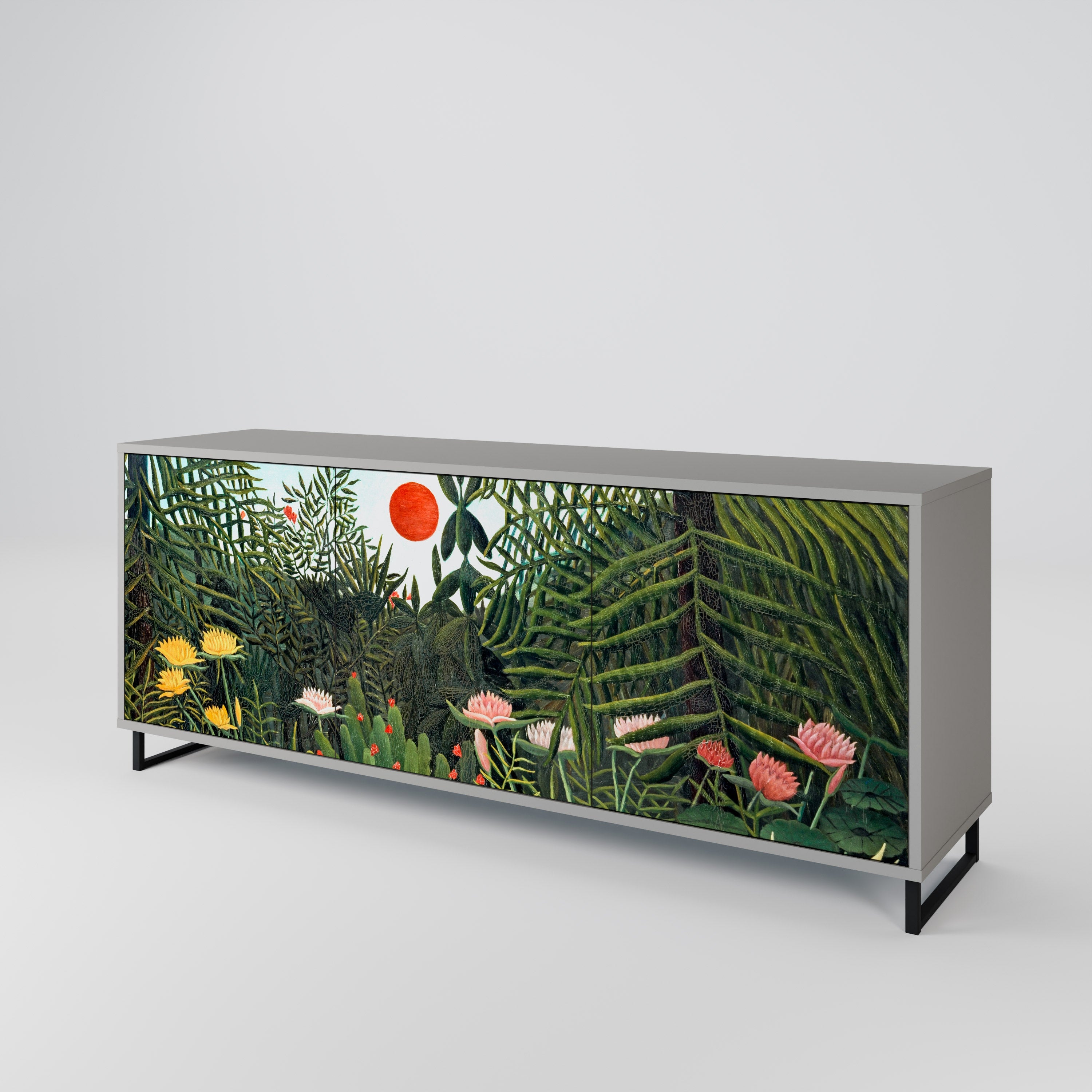 Buffet 3 portes FORÊT VIERGE AVEC COUCHER DE SOLEIL en finition grise