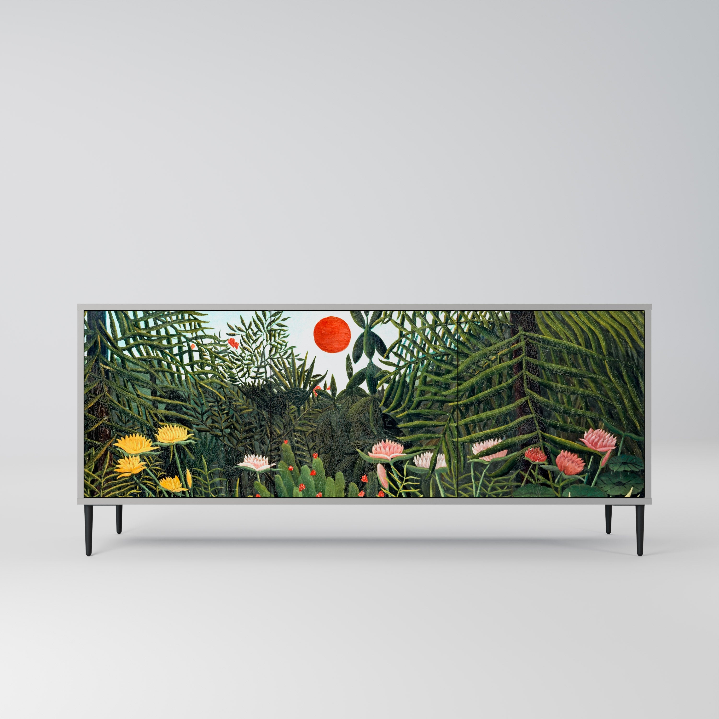 Buffet 3 portes FORÊT VIERGE AVEC COUCHER DE SOLEIL en finition grise