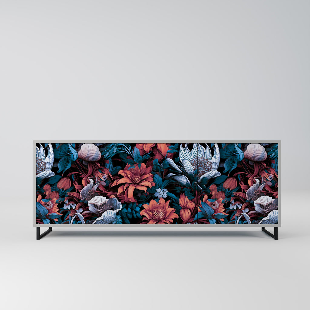 Buffet 3 portes ETHEREAL BLOSSOMS, finition grise