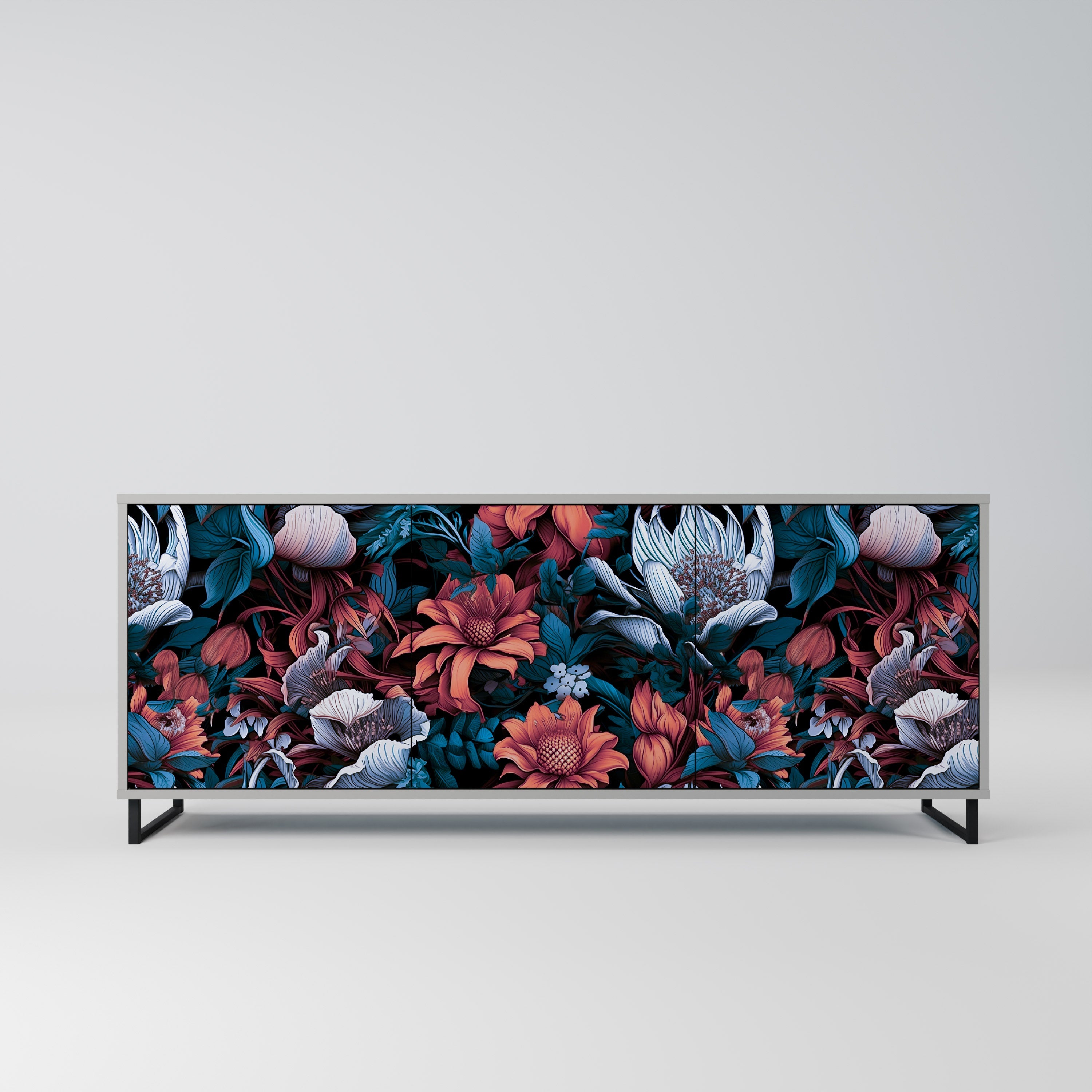 Buffet 3 portes ETHEREAL BLOSSOMS, finition grise