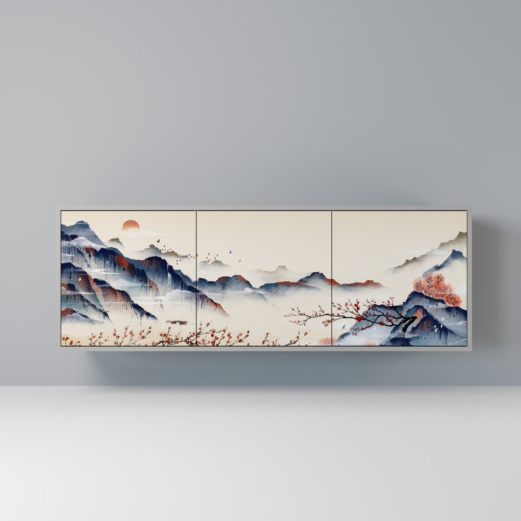 Buffet 3 portes PAYSAGE JAPONAIS finition grise